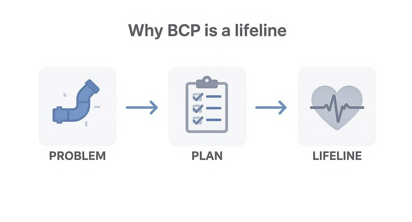 Flowchart illustrating Business Continuity Planning (BCP) as a lifeline, moving from a problem (broken pipe) to a plan (checklist) to a lifeline (heartbeat icon).