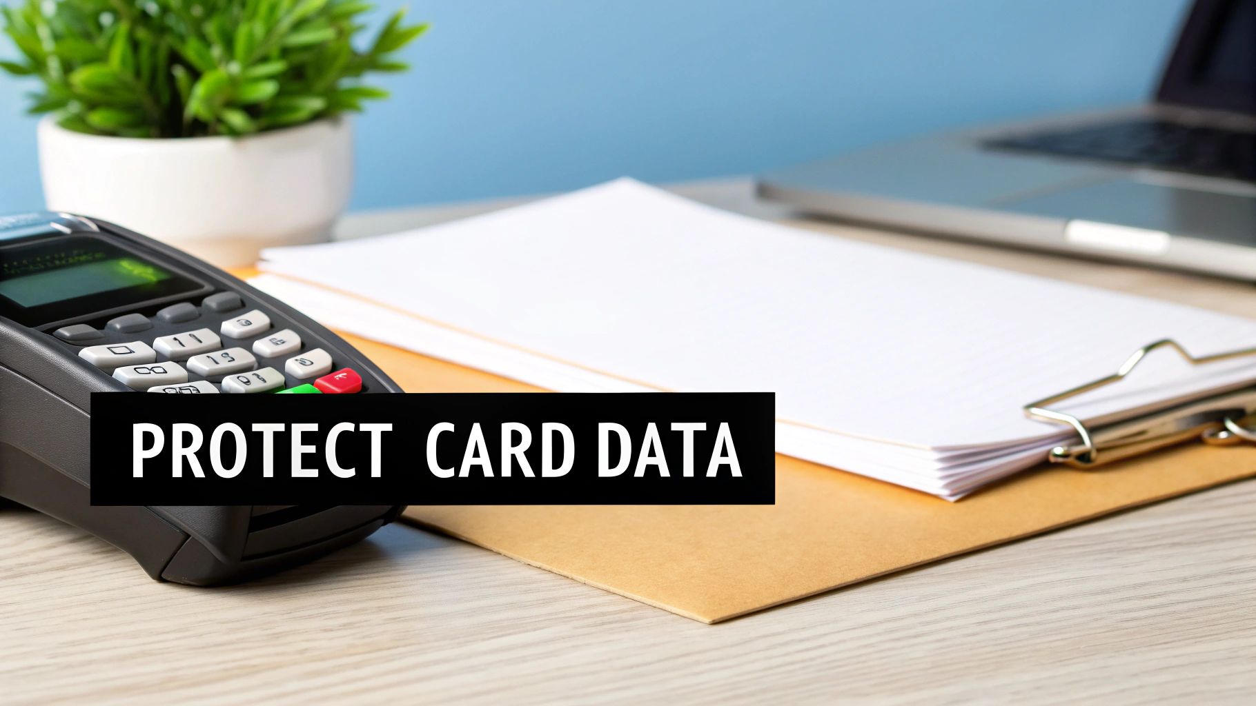 A payment terminal on a desk with office supplies, laptop, and a plant, displaying "PROTECT CARD DATA".