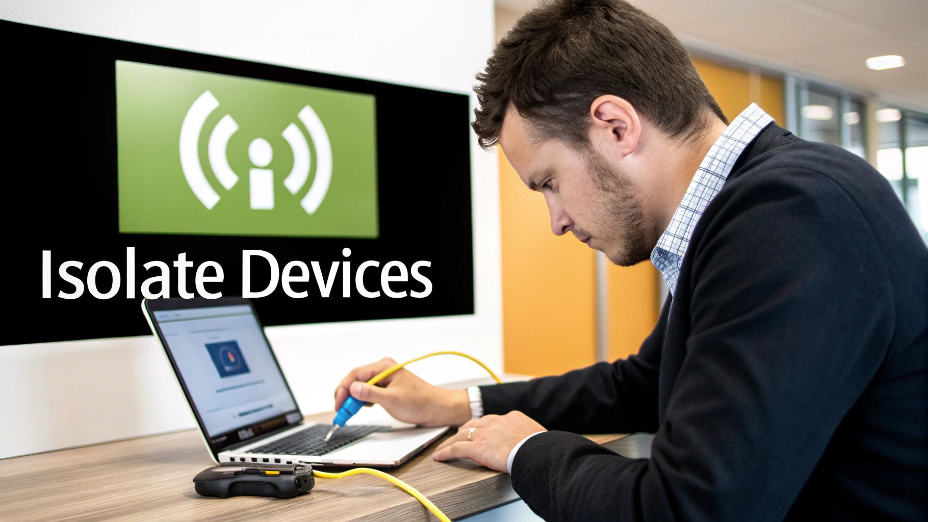 A man works with a laptop and network tools, with a large screen displaying 'Isolate Devices'.