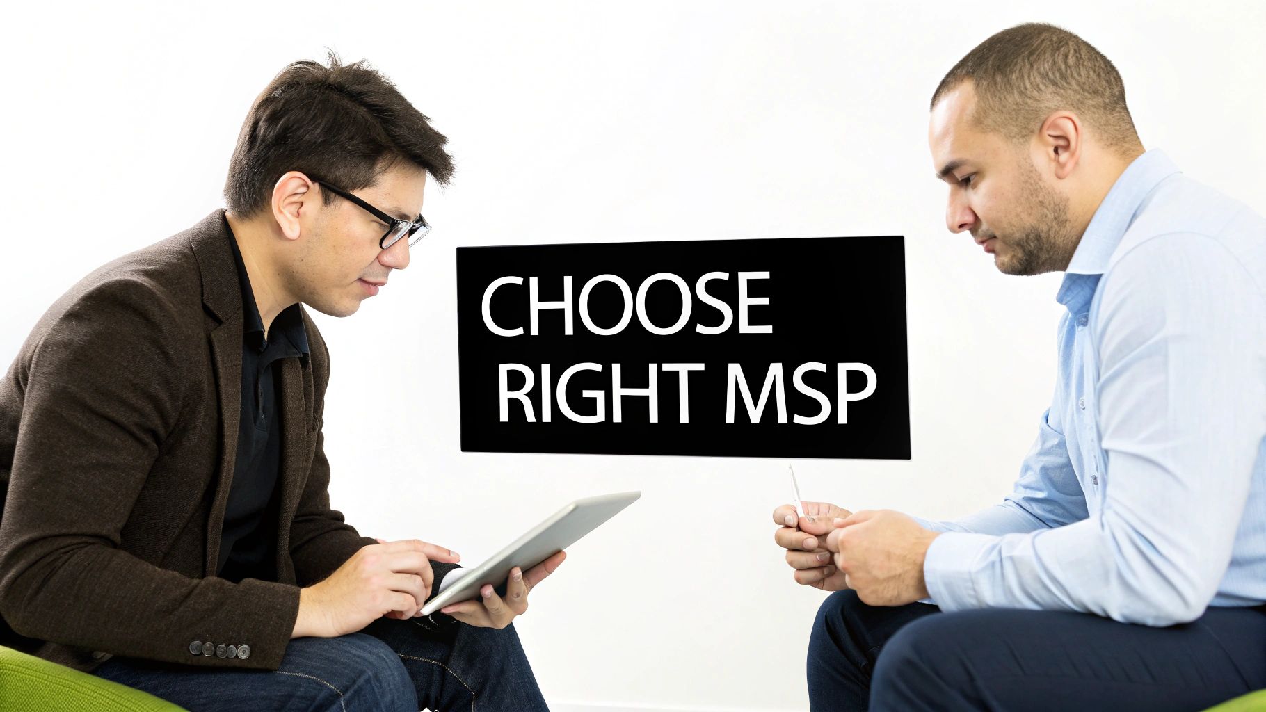 Two professionals discussing and choosing the right Managed Service Provider (MSP), one with a tablet.