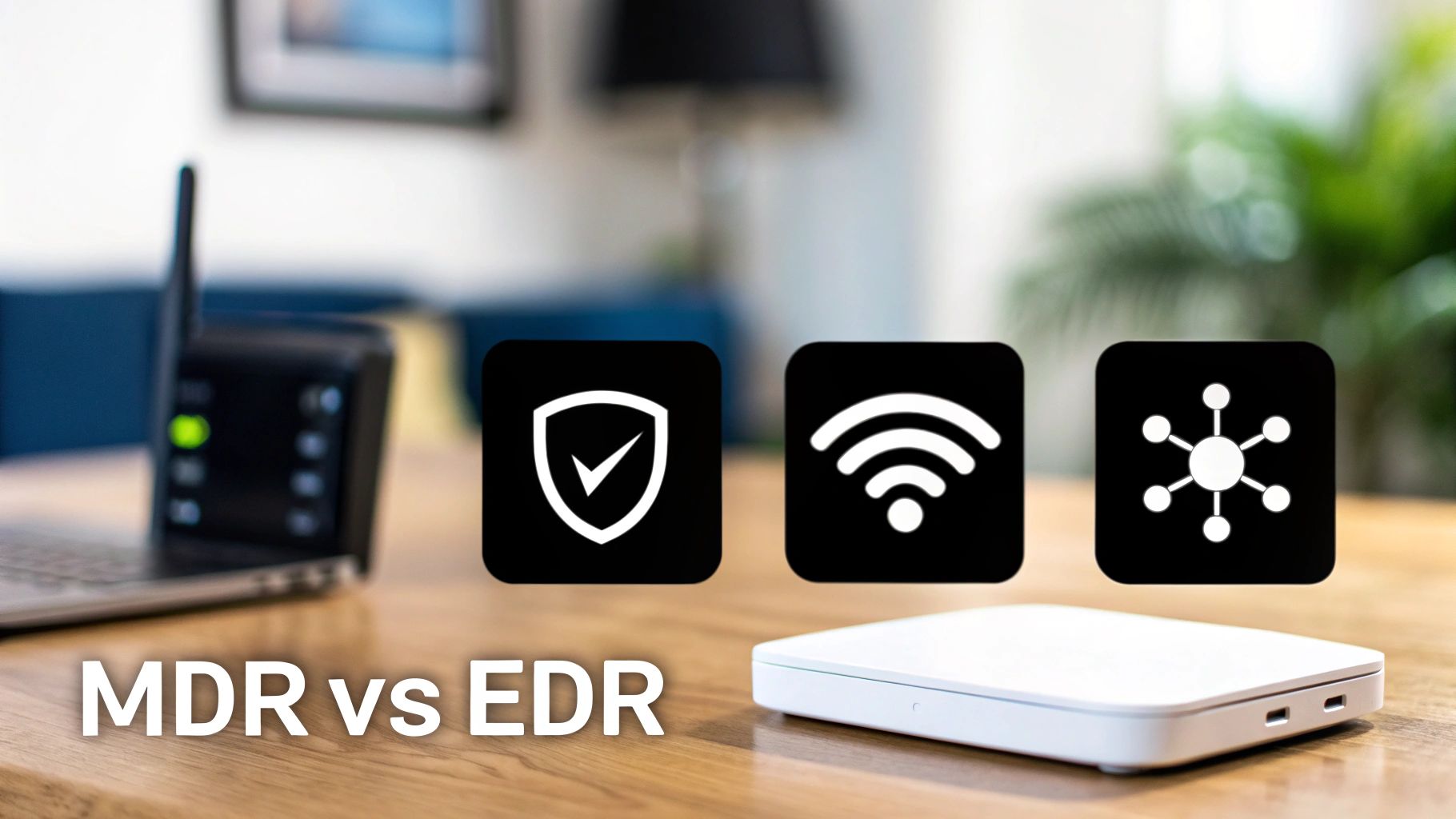 Comparison of MDR vs EDR with network security icons and tech devices on a desk.