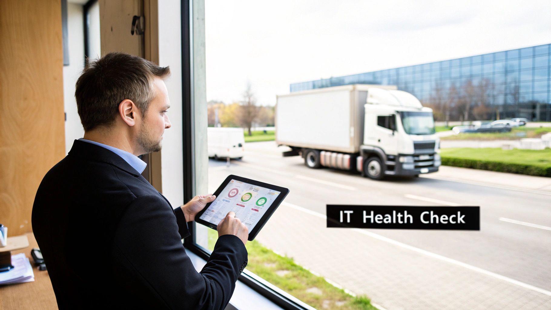 A businessman in a suit monitors IT health checks and performance metrics on a tablet, looking out at a truck.