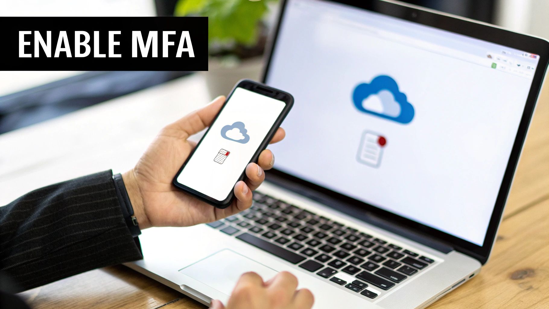 A person holding a smartphone and using a laptop, both displaying cloud icons, with 'ENABLE MFA' text, signifying cloud security.