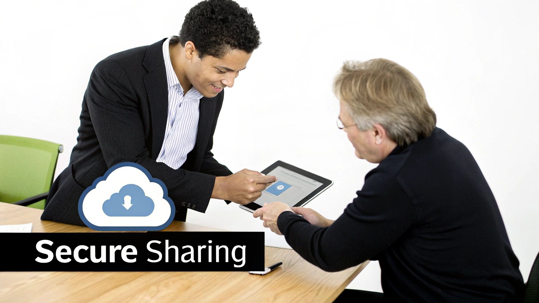 Two business professionals engage in secure document sharing on a tablet with a cloud icon.