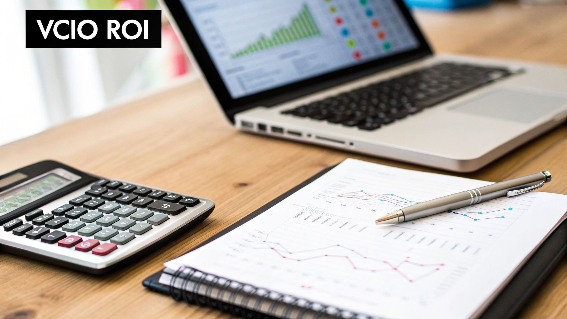 A desk with a laptop displaying financial graphs, a calculator, and a document with charts for business analysis, alongside a VCIO ROI sign.