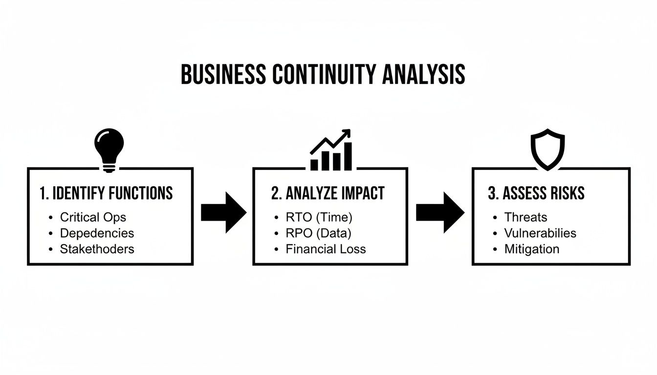 Flowchart illustrating the three steps of business continuity analysis: identify functions, analyze impact, and assess risks.