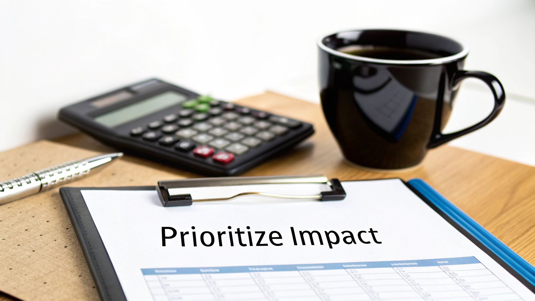 A document on a clipboard says 'Prioritize Impact' next to a calculator, pen, and coffee.