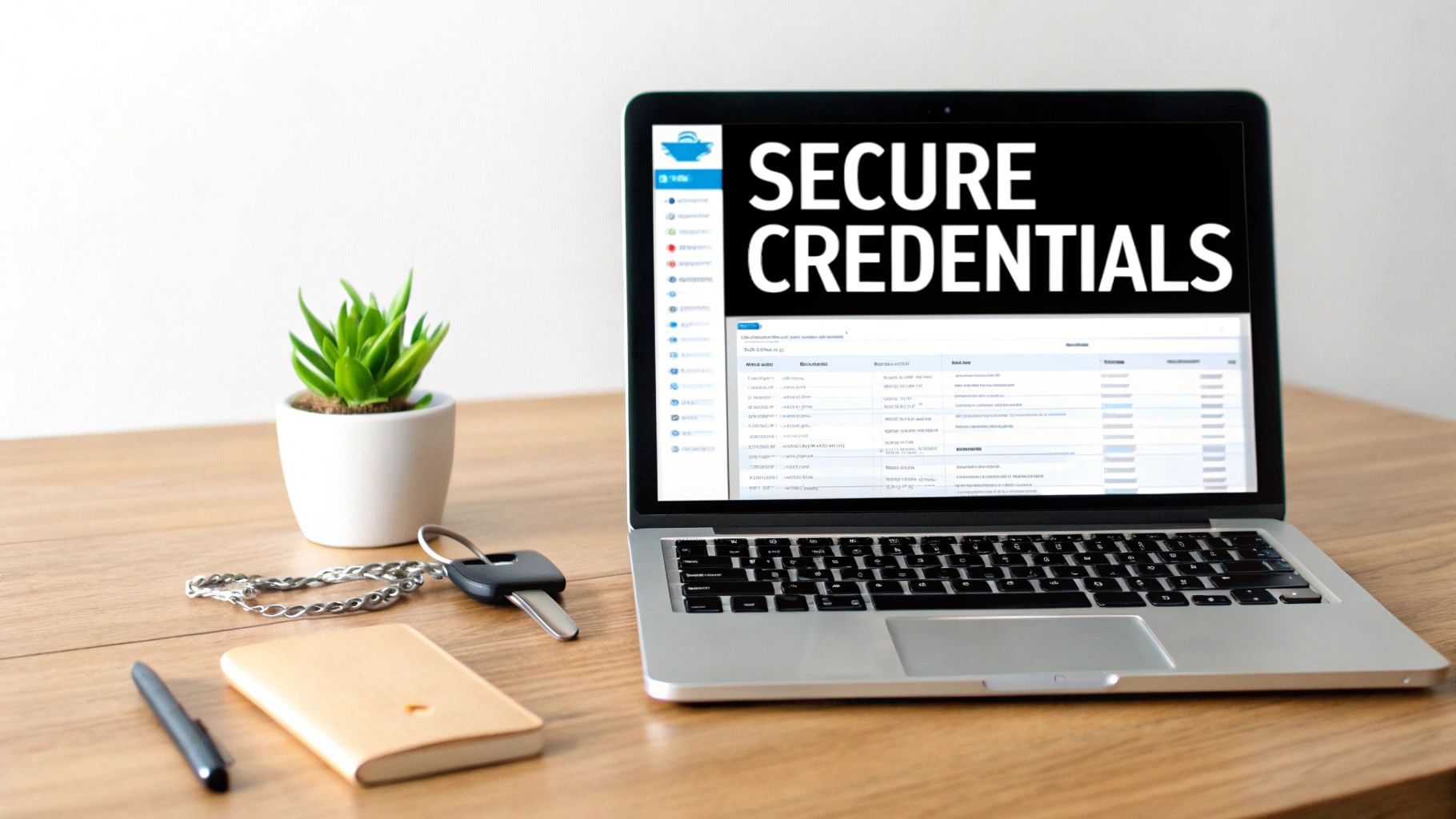 A laptop displaying 'SECURE CREDENTIALS' on a wooden desk with a plant, keys, and notebook.