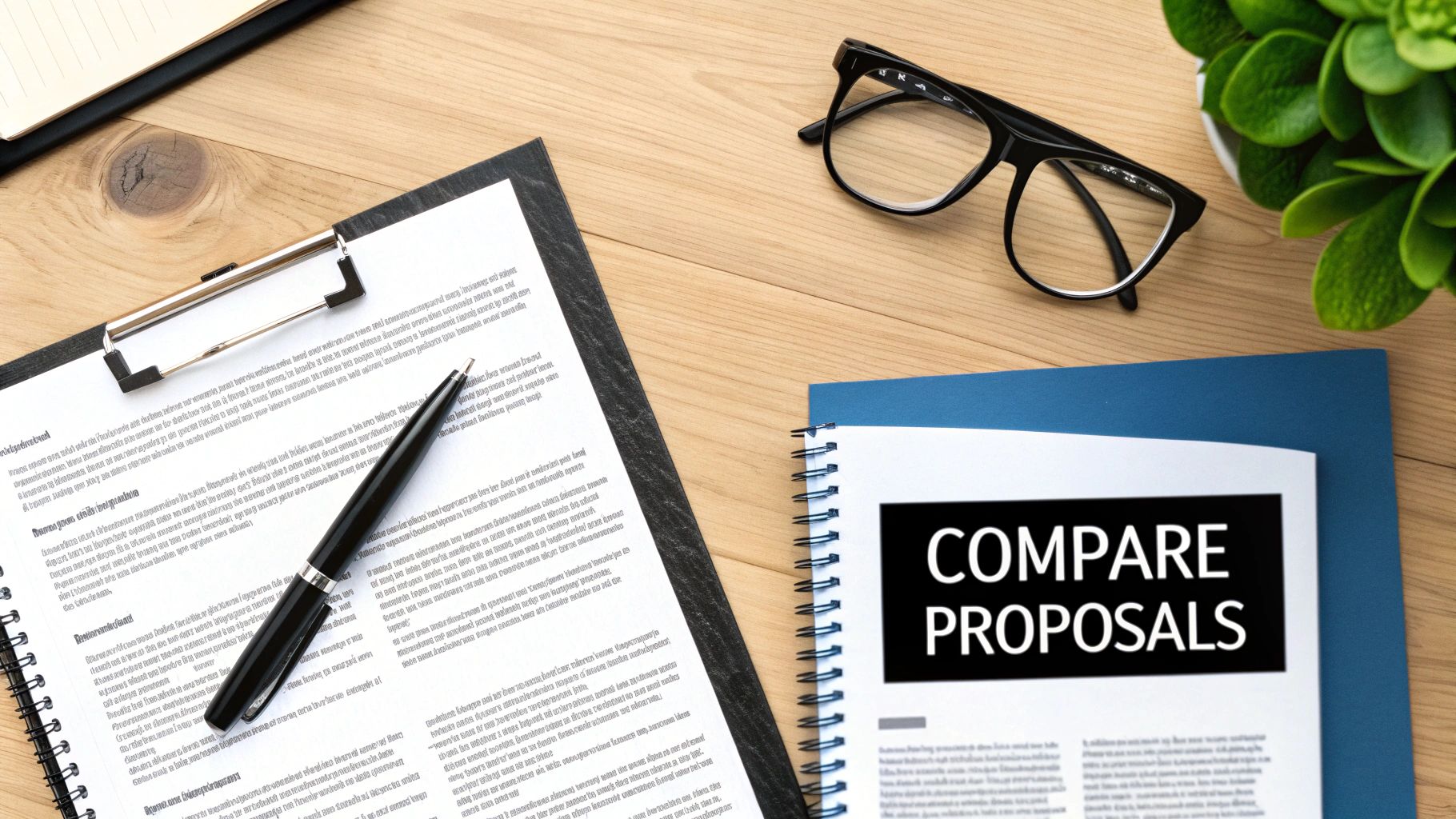 A flat lay of a desk with documents, a pen, glasses, and a notebook titled 'Compare Proposals'.