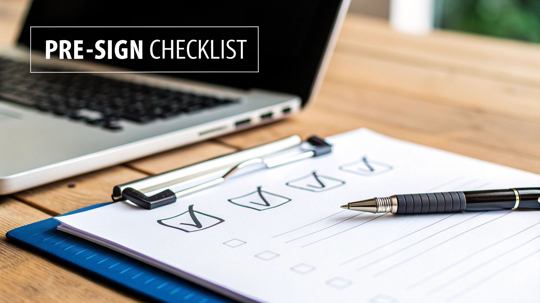 A pre-sign checklist document with several checked items, a pen, and a laptop on a wooden desk.