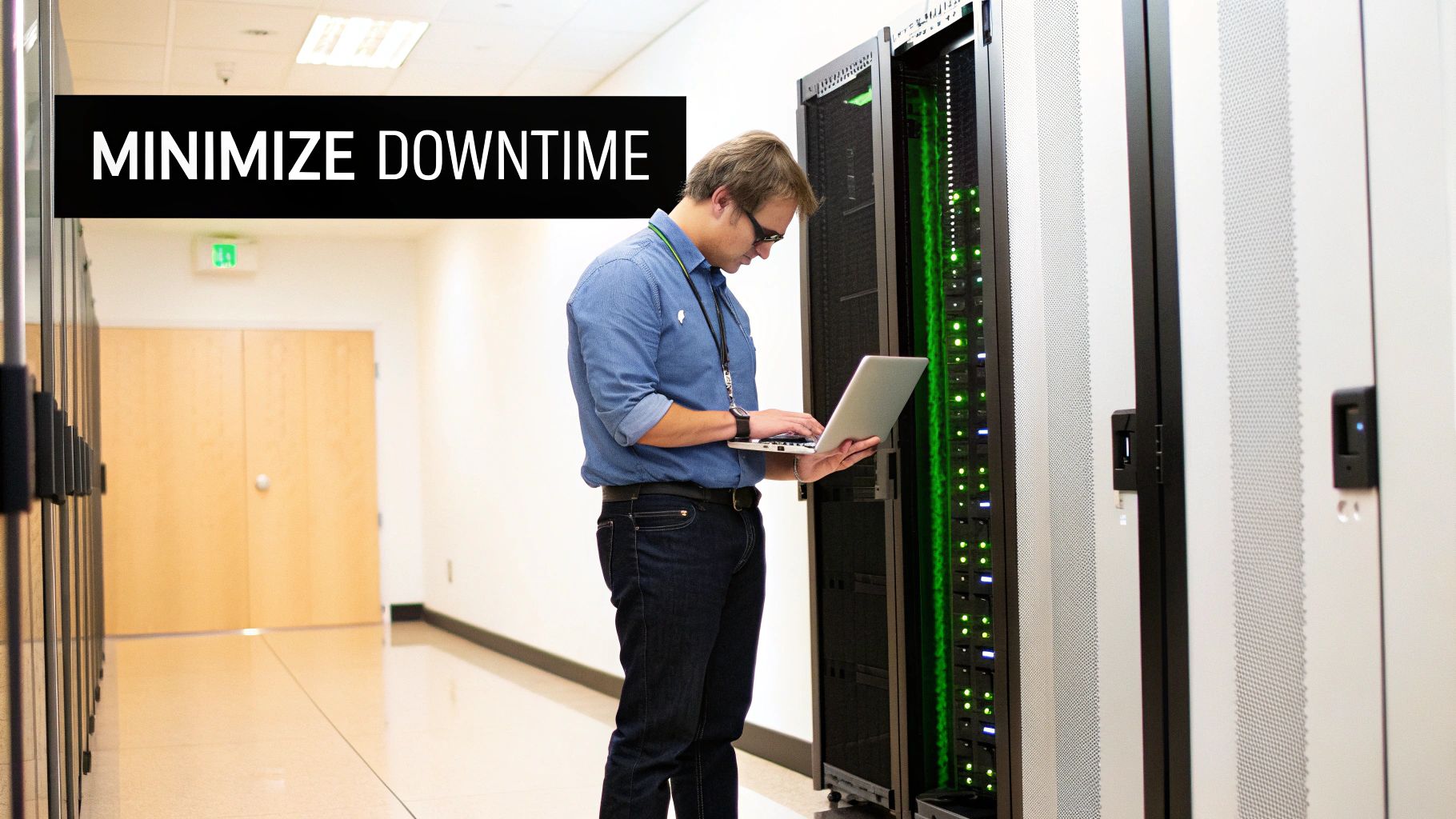 IT technician managing server racks with a laptop to minimize downtime in a data center.