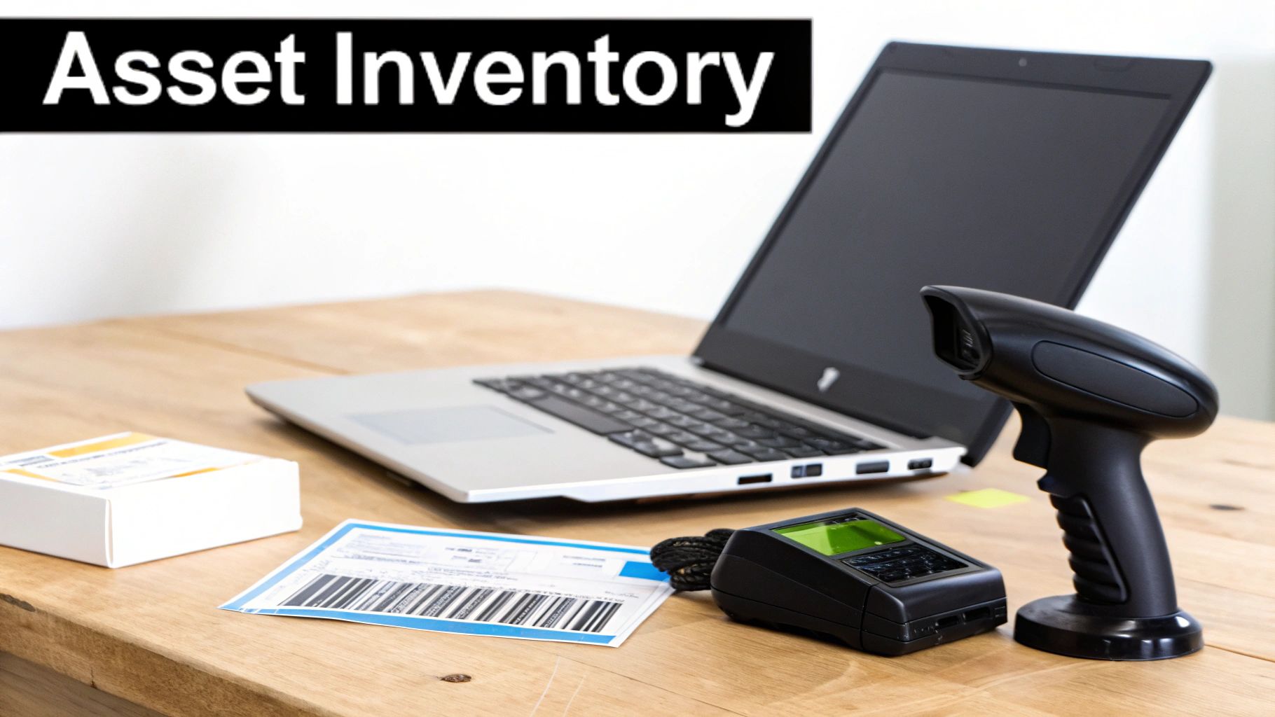 A desk setup for asset inventory with a laptop, barcode scanner, payment terminal, and barcode label.