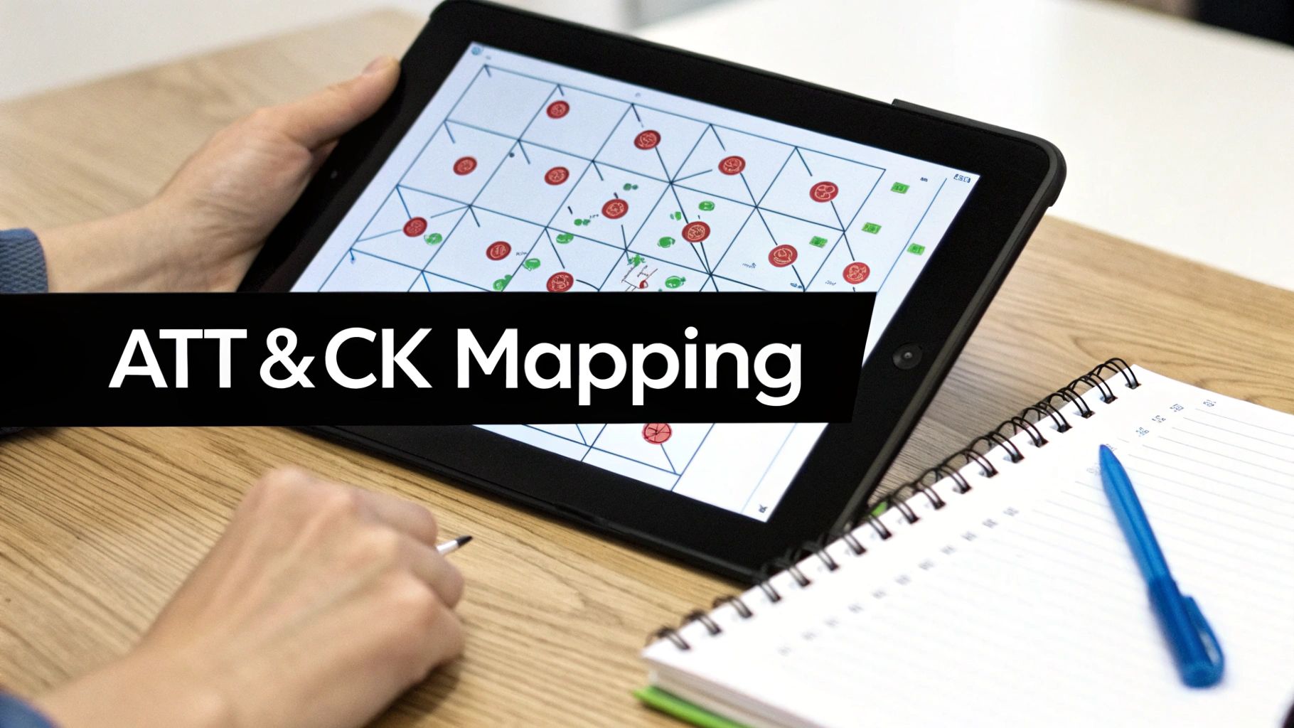 Hands hold a tablet displaying a network diagram, with a pen and notebook on a desk. Text reads 'ATT & CK Mapping'.