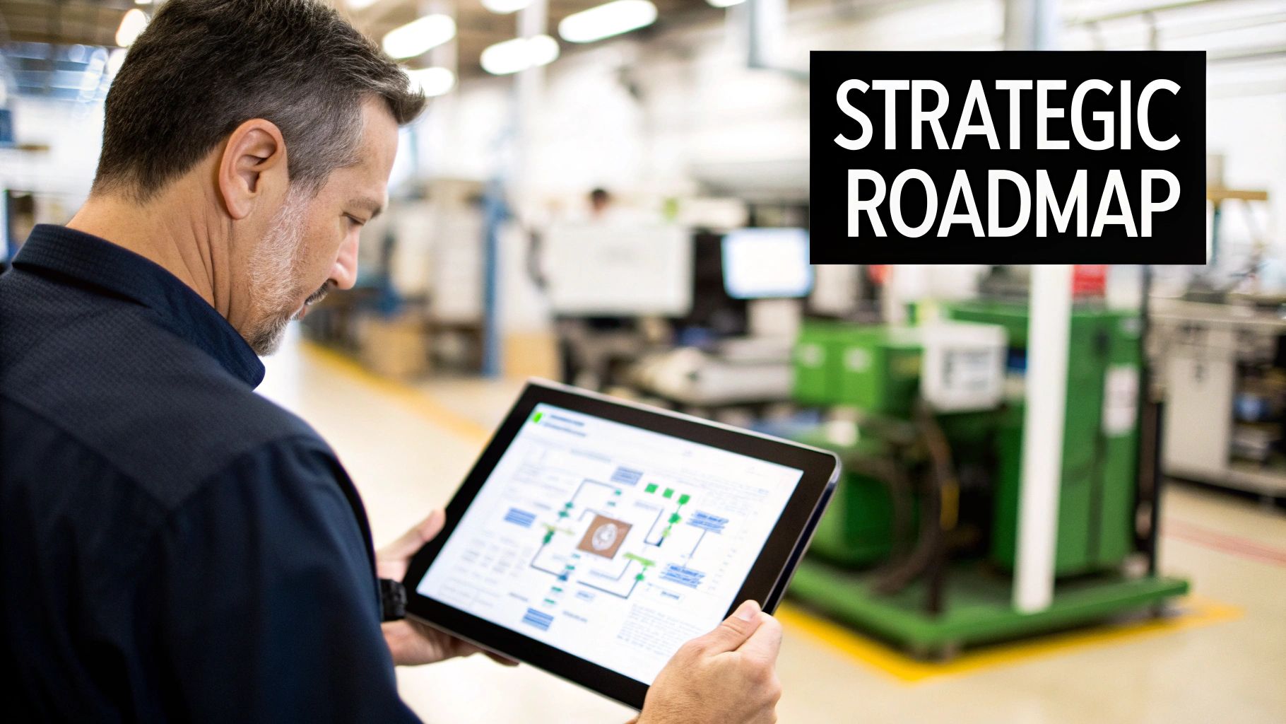 Man in an industrial setting reviews a digital strategic roadmap on a tablet, optimizing operations.