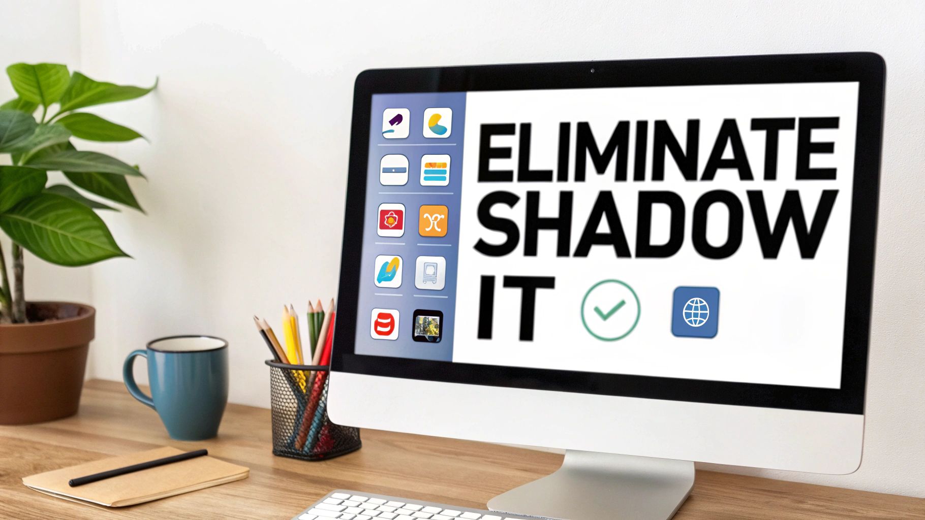 A computer screen displays 'ELIMINATE SHADOW IT' within a clean workspace featuring a plant, mug, and pencils.
