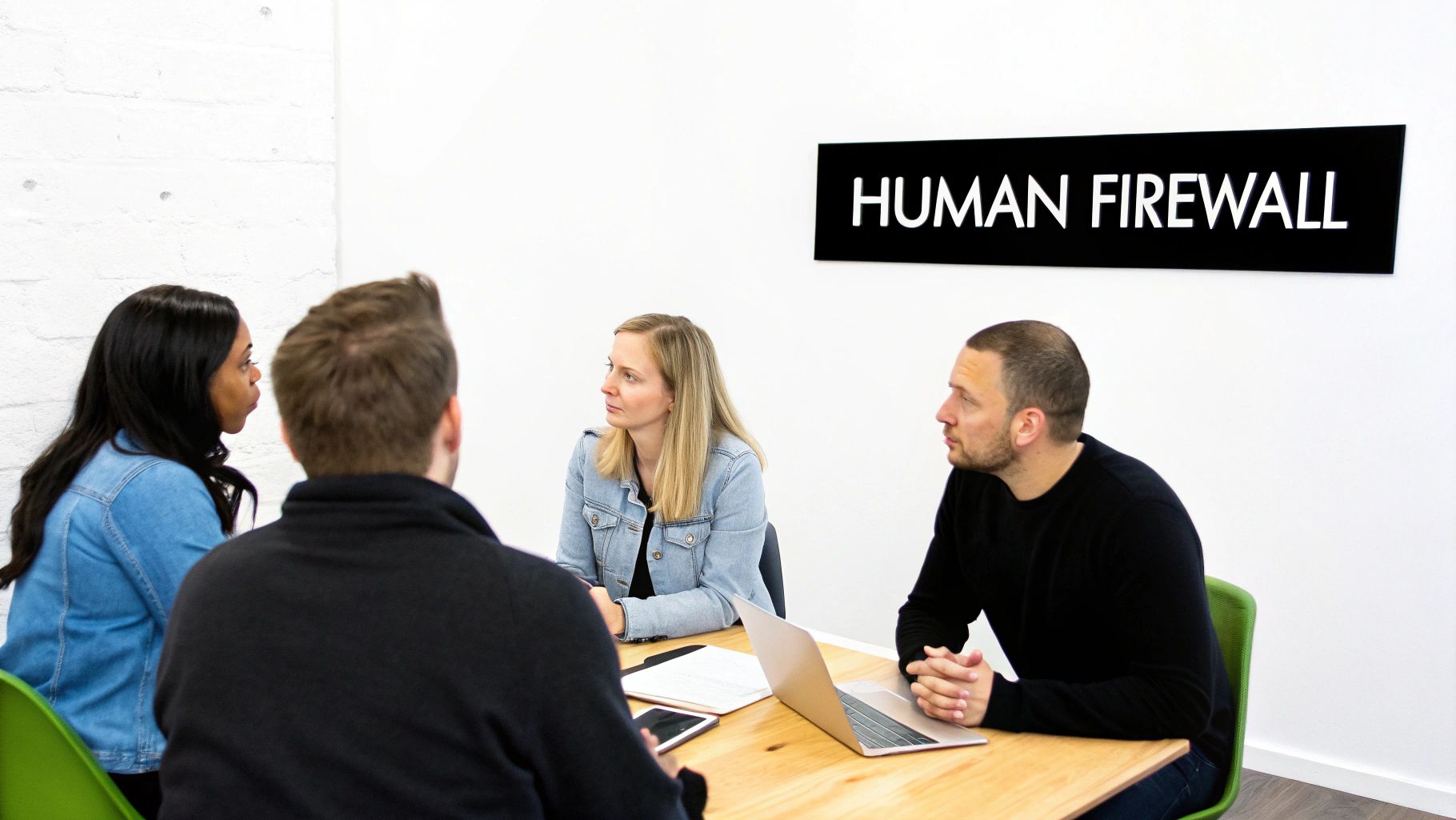 Four diverse colleagues in a meeting room with a 'HUMAN FIREWALL' sign on the wall.