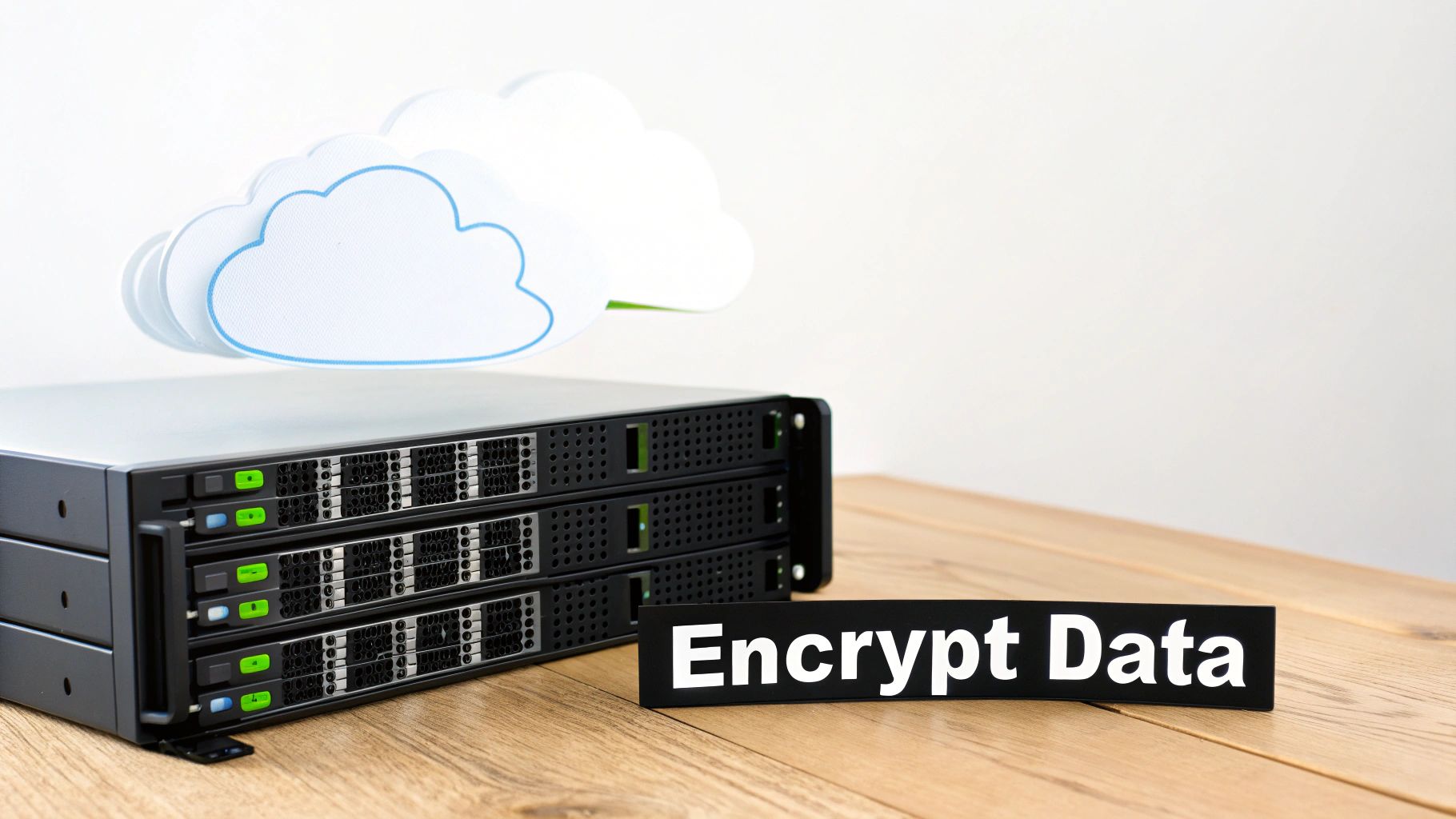 Server racks with a cloud icon above and a sign saying 'Encrypt Data', symbolizing cloud data security.