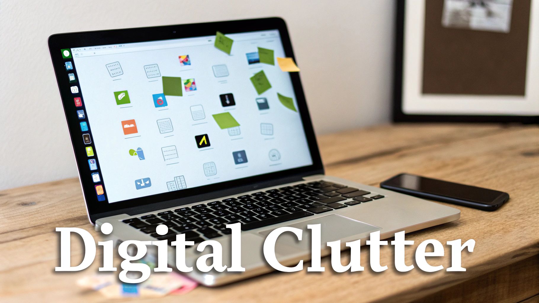 A laptop screen displays numerous app icons and digital sticky notes, symbolizing digital clutter on a wooden desk.