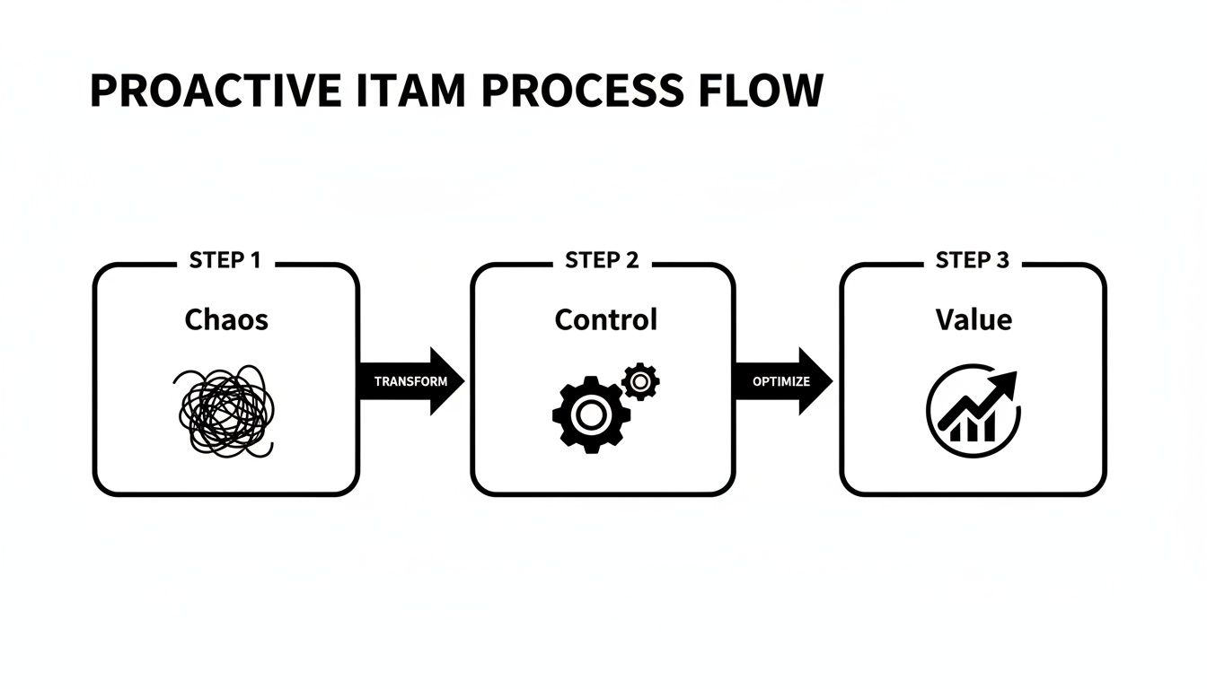 Proactive ITAM process flow diagram showing three steps: Chaos, Control, and Value, with Transform and Optimize arrows.
