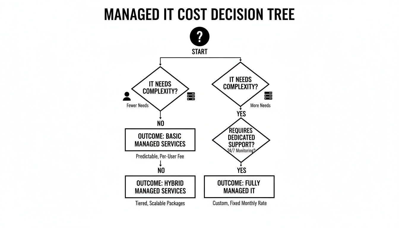 A decision tree flowchart outlining managed IT service costs based on complexity and support requirements.