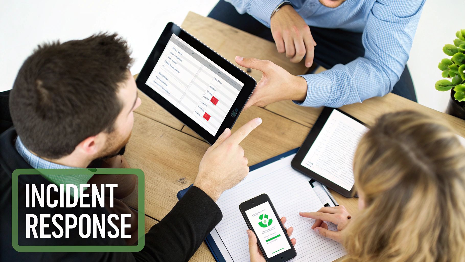 Three business professionals collaborate on incident response, viewing data on tablets and a smartphone at a table.