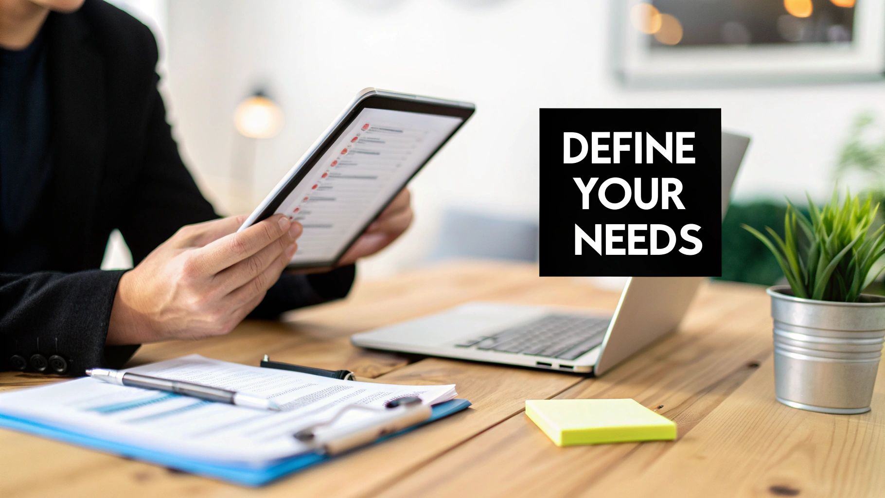 A person works at a desk, reviewing a tablet, with a laptop, documents, and 'DEFINE YOUR NEEDS' text.
