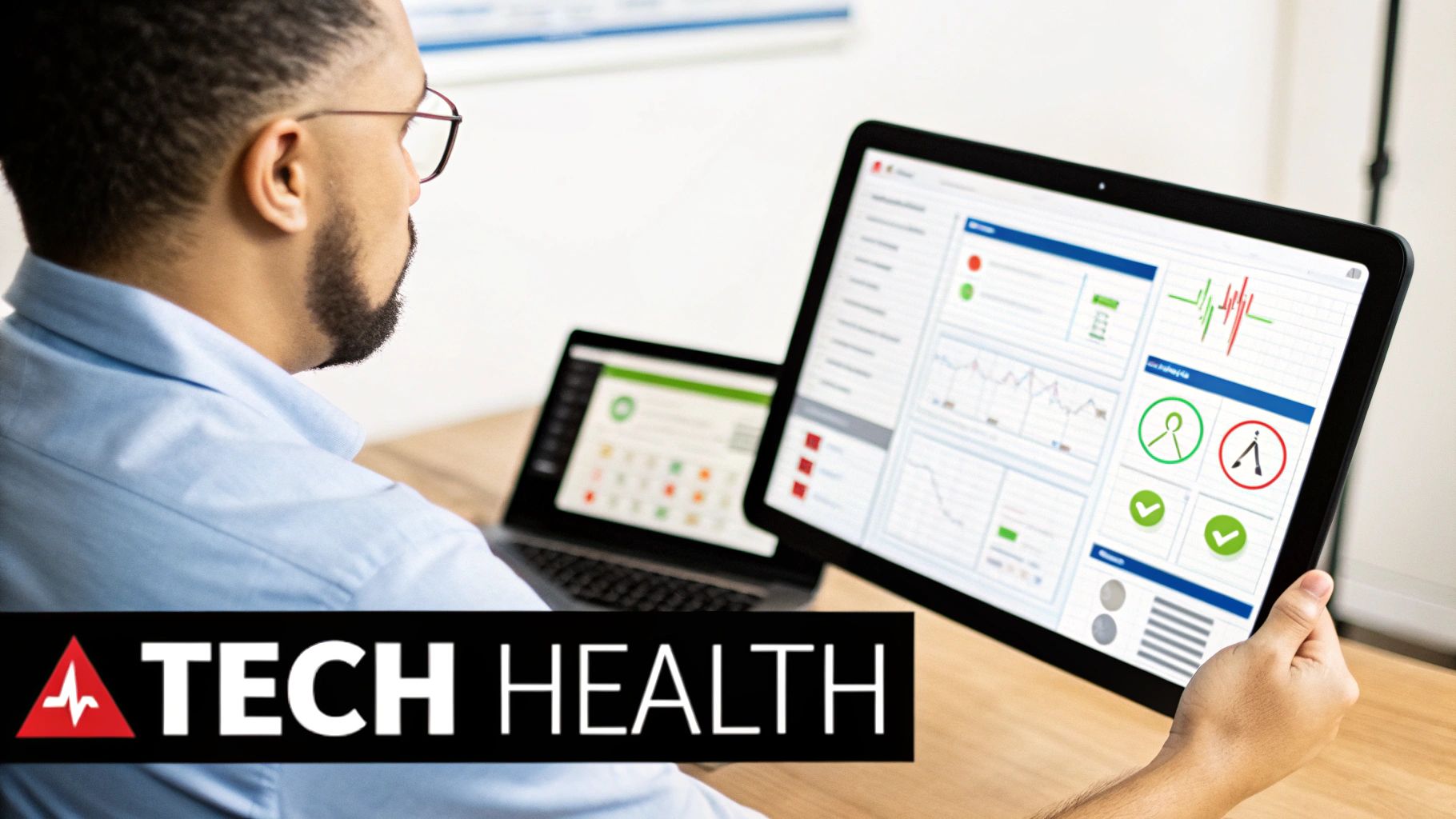 A man reviews digital health data and analytics on a tablet, with a laptop in the background.