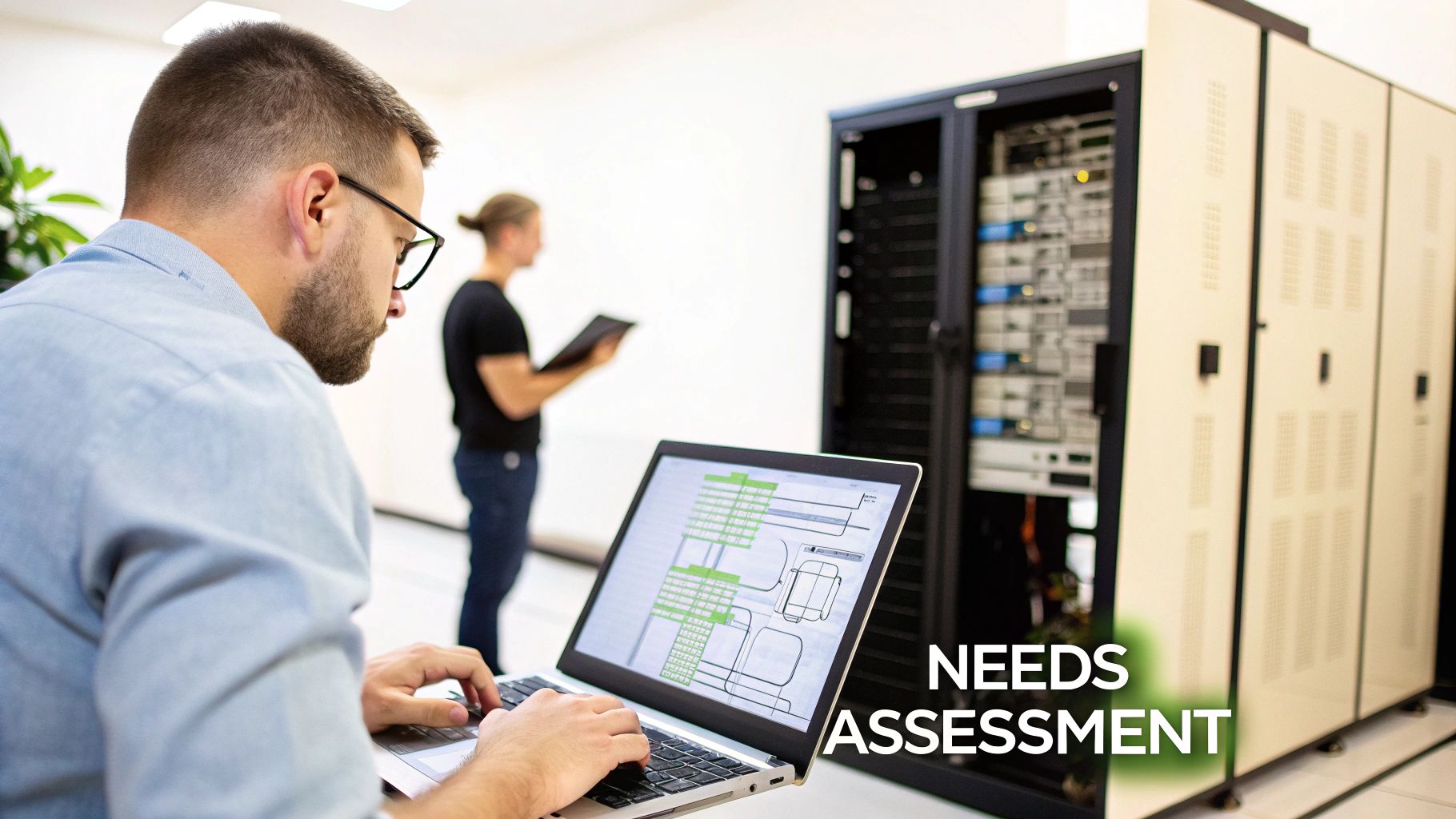 Two IT professionals performing a needs assessment in a data center with server racks.