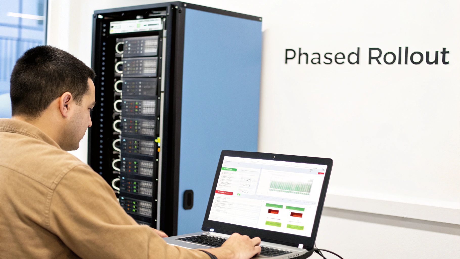 A man monitors a phased rollout on a laptop in front of a server rack in an IT setting.