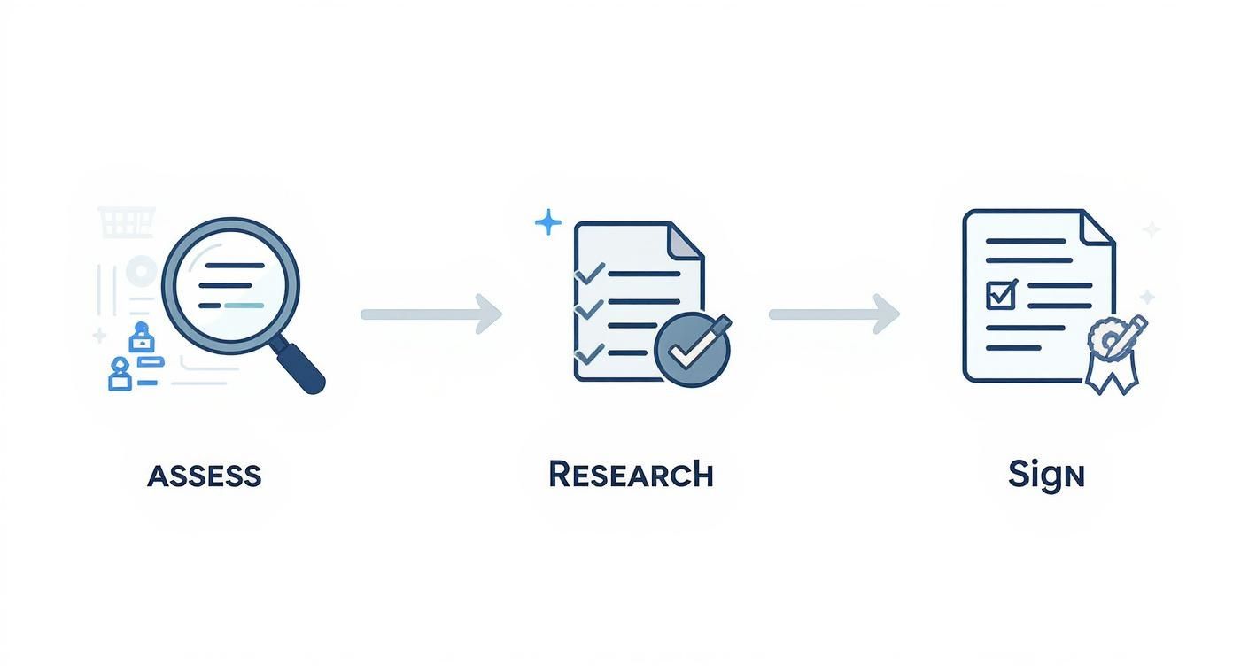 A three-step process diagram illustrating assess, research, and sign stages for service selection.