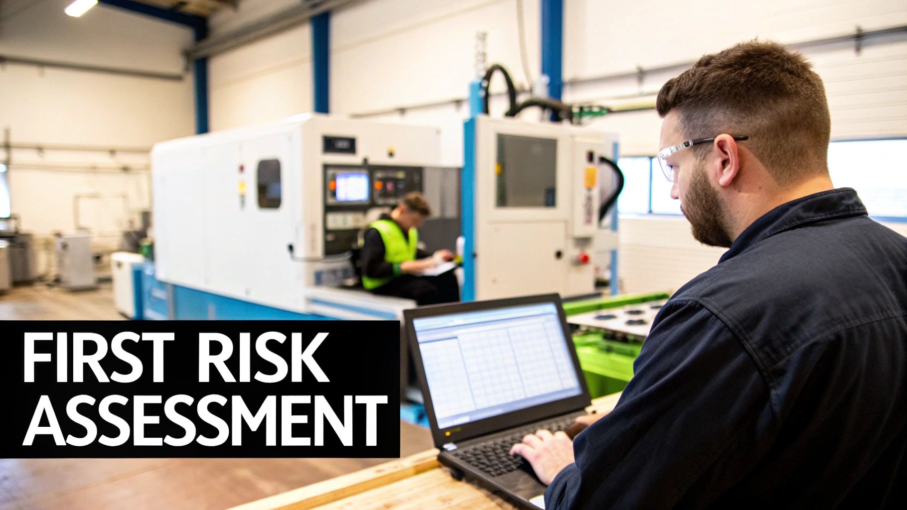 Workers conduct a risk assessment in a factory, one uses a laptop, another reviews documents.