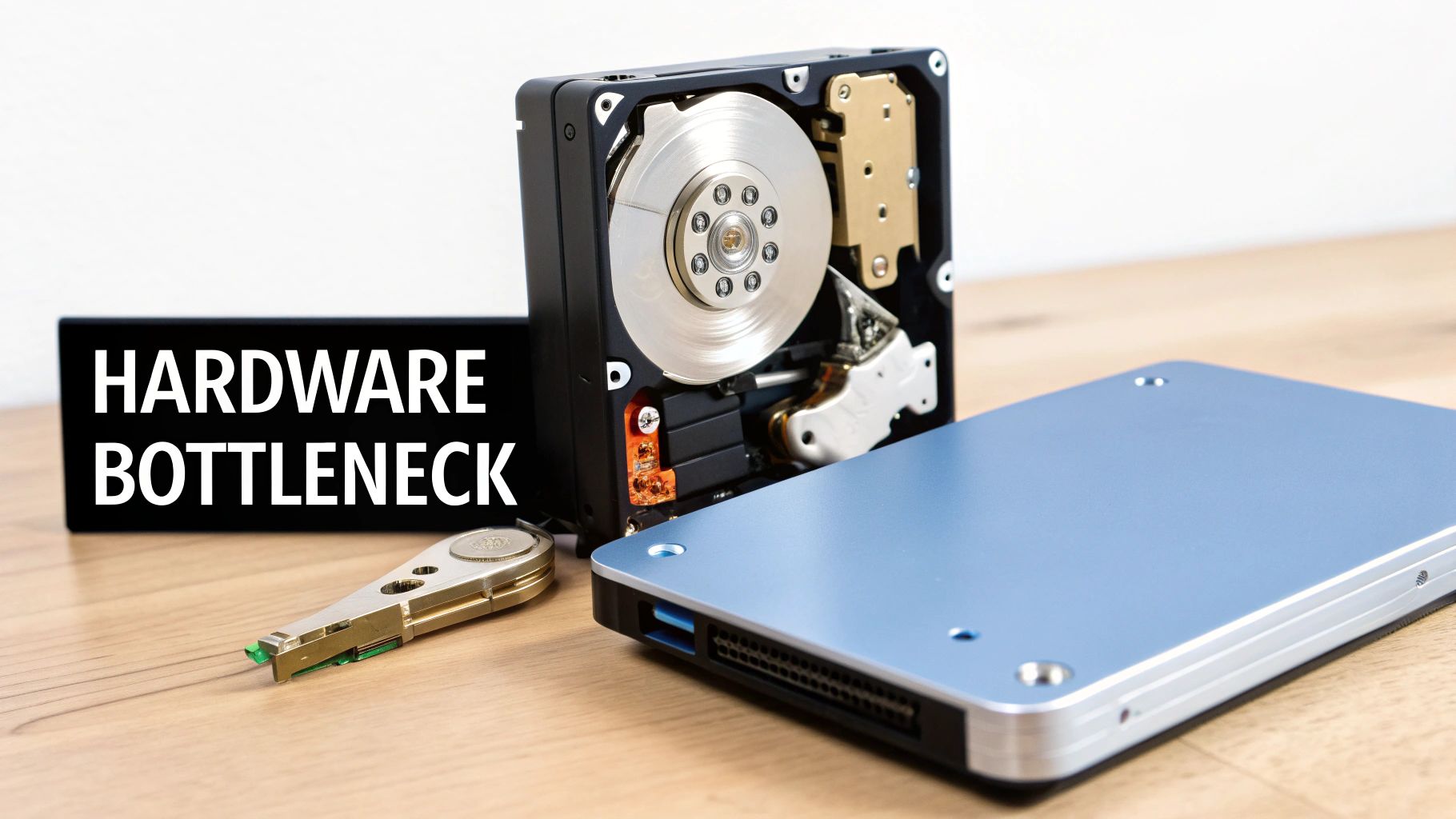 An open hard disk drive, a solid-state drive, and a sign displaying 'HARDWARE BOTTLENECK'.