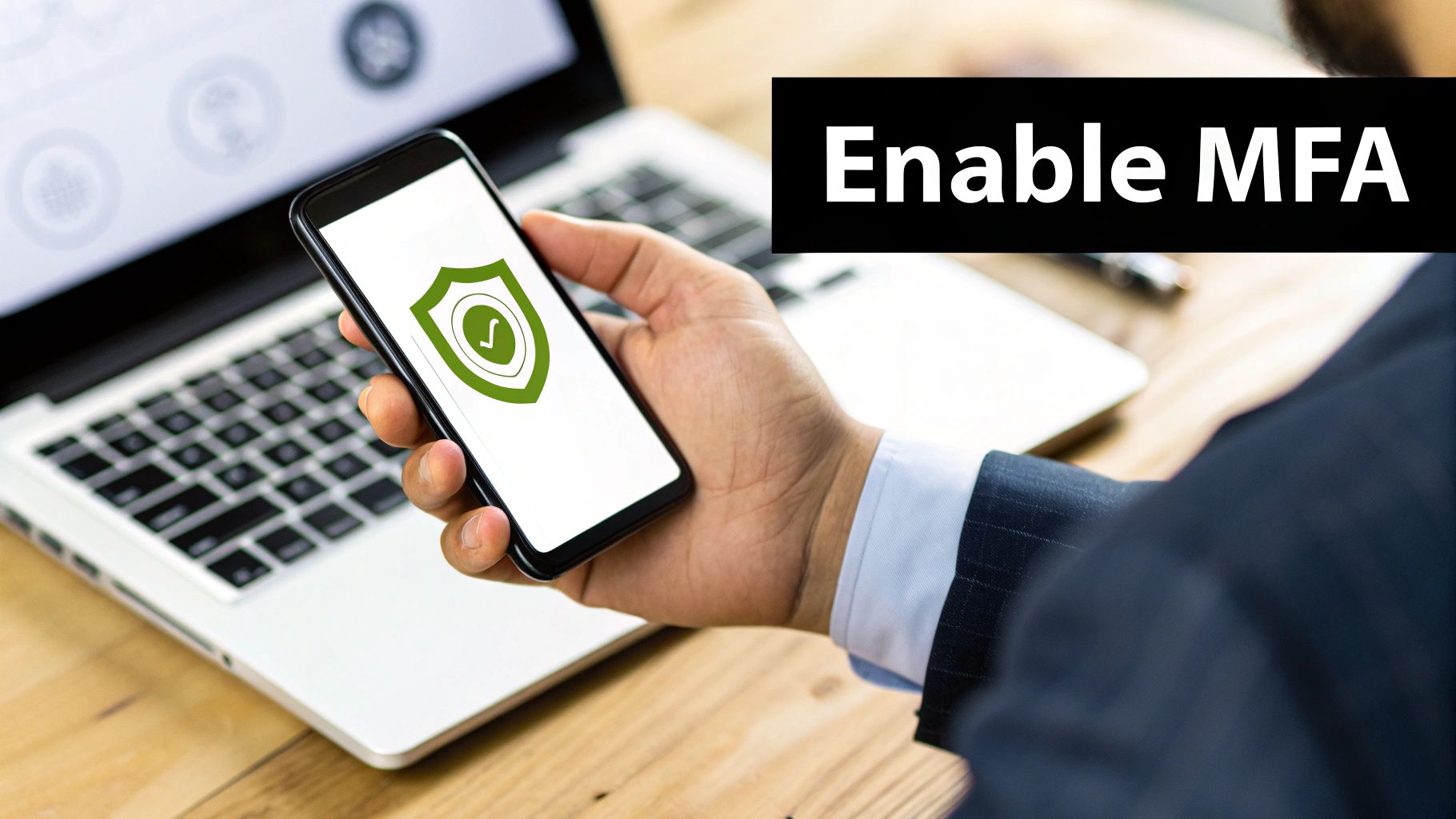 A hand holds a smartphone with a security shield and checkmark icon, promoting 'Enable MFA'.