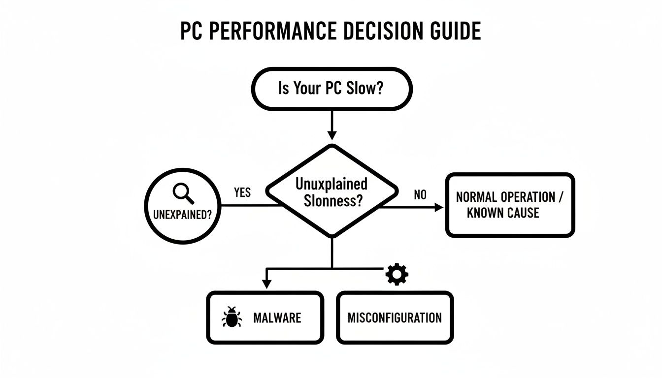 A flowchart illustrating the PC performance decision guide for diagnosing slow computers and their causes.