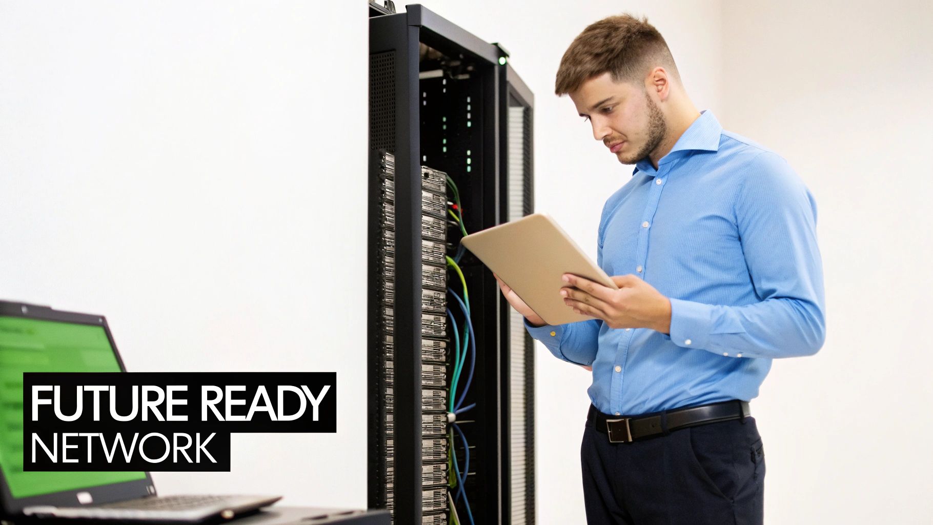 A man in a blue shirt inspects a server rack with a tablet, symbolizing network infrastructure management.