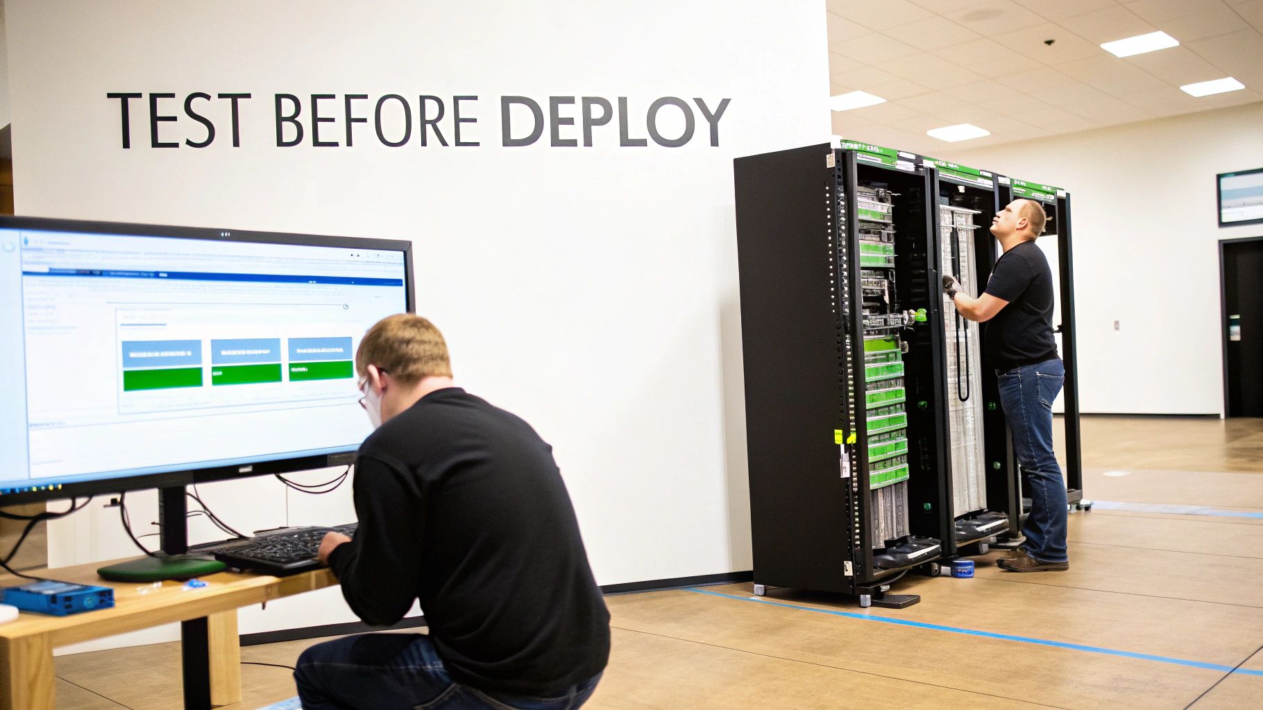 Two IT professionals testing software on a computer and deploying hardware in a server room.