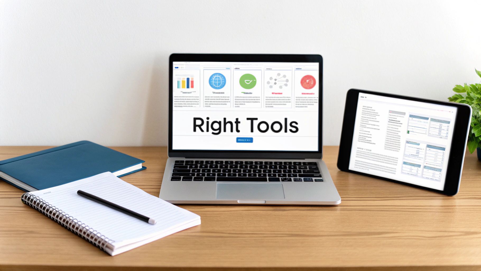 A modern workspace setup with a laptop, tablet, notebooks, and a pen on a wooden desk.