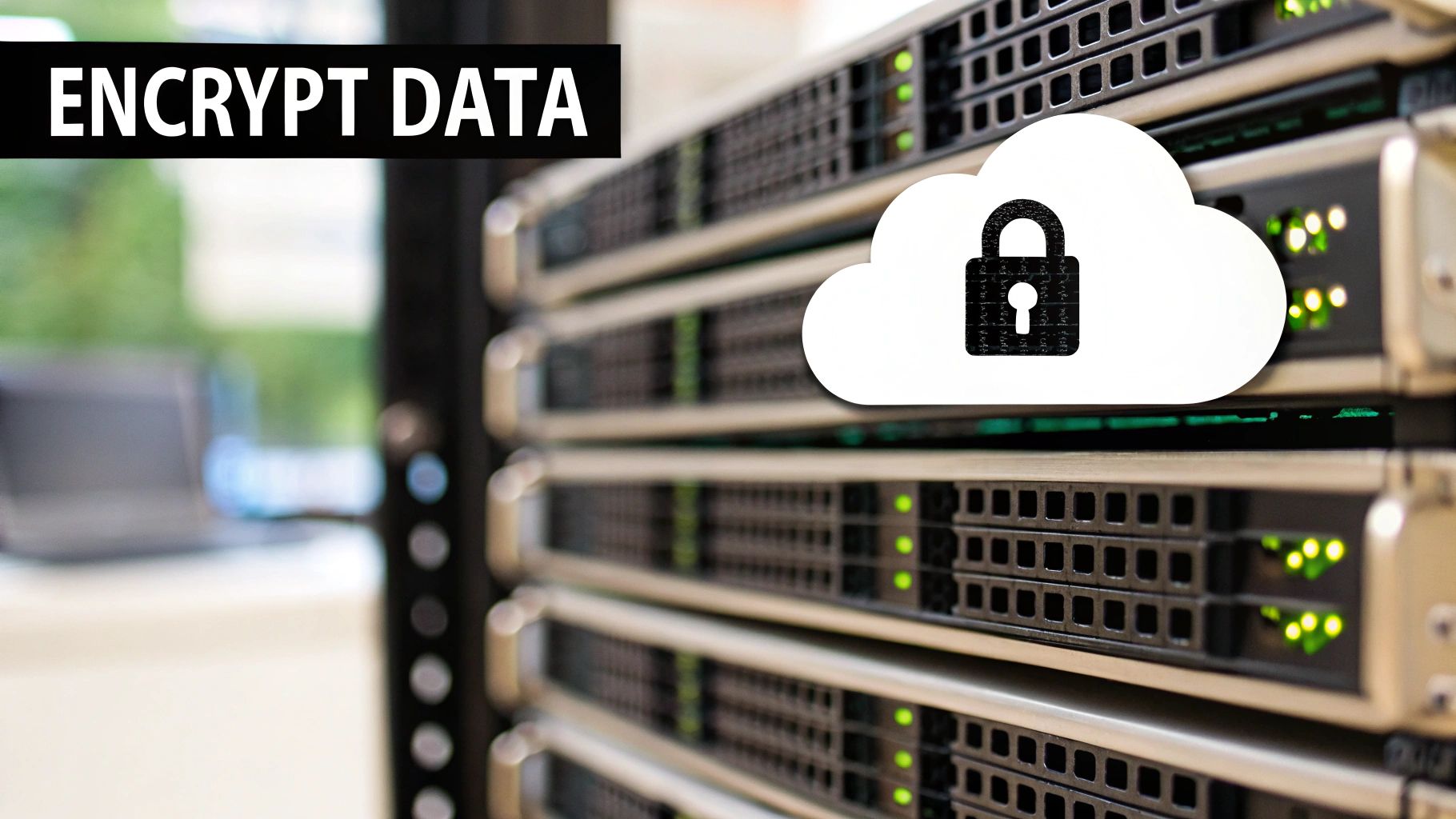 Server racks with green lights, a cloud icon with a padlock, and 'ENCRYPT DATA' text.