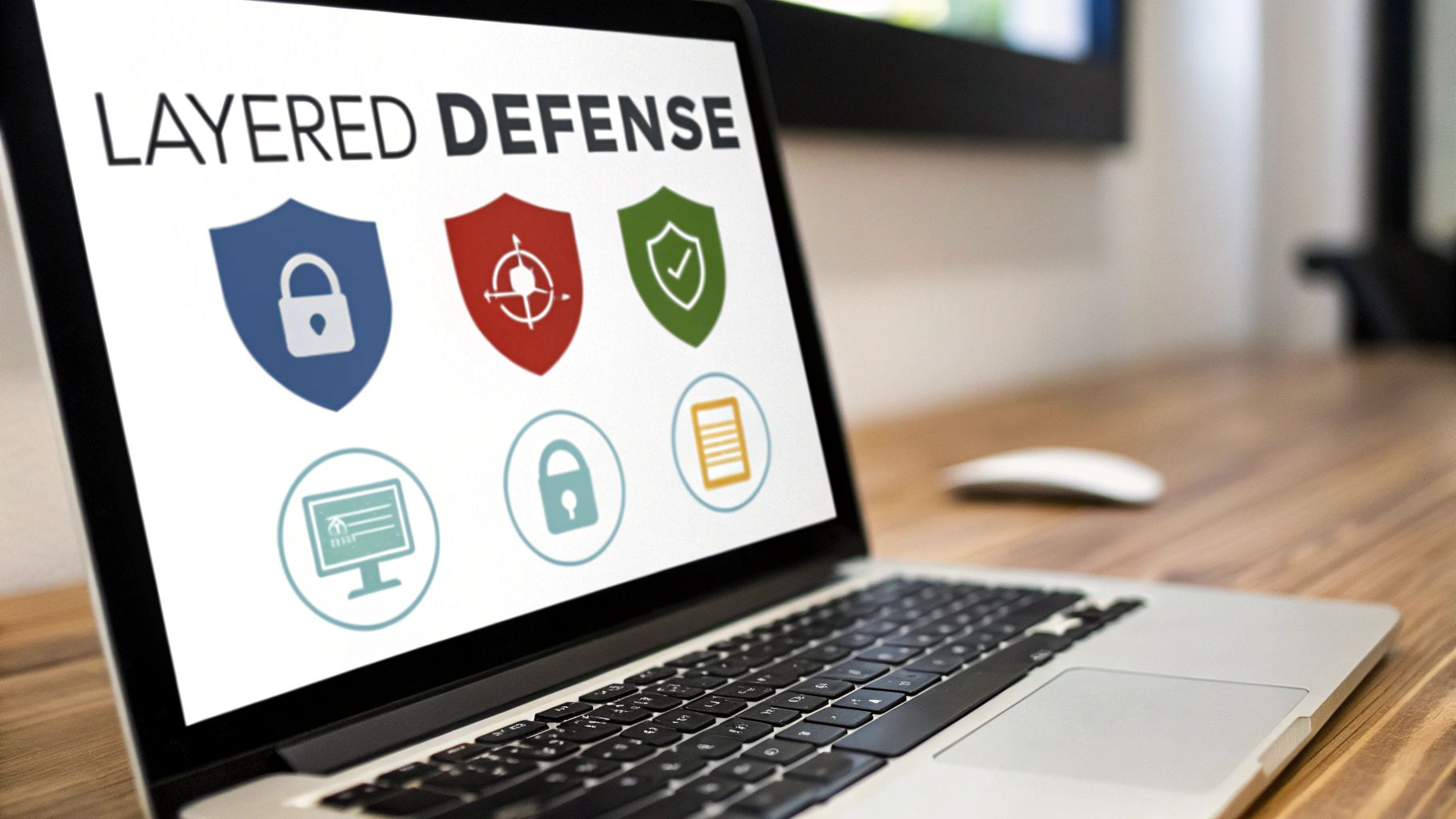 A laptop displays 'LAYERED DEFENSE' with various cybersecurity shields and icons on the screen.
