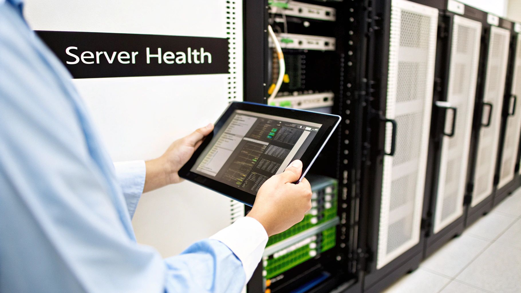 A technician uses a tablet to monitor server health and performance metrics in a data center.