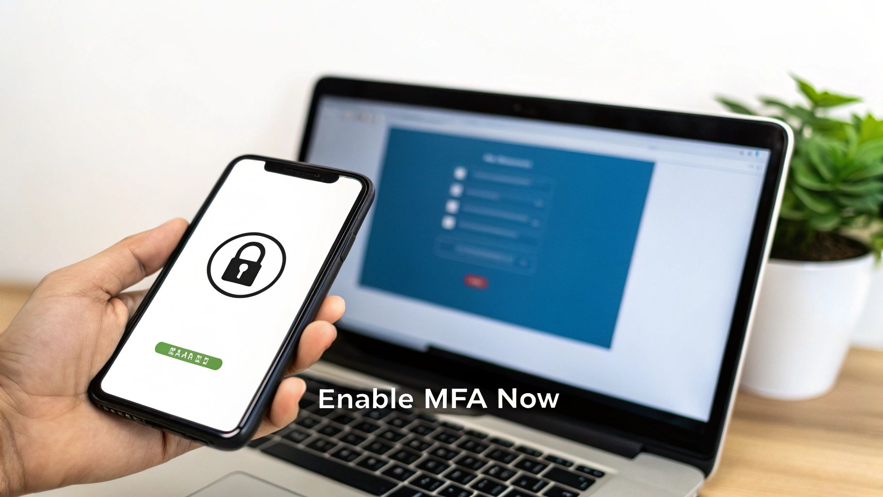A hand holds a smartphone displaying a lock icon, prompting to enable multi-factor authentication (MFA) with a laptop in the background.