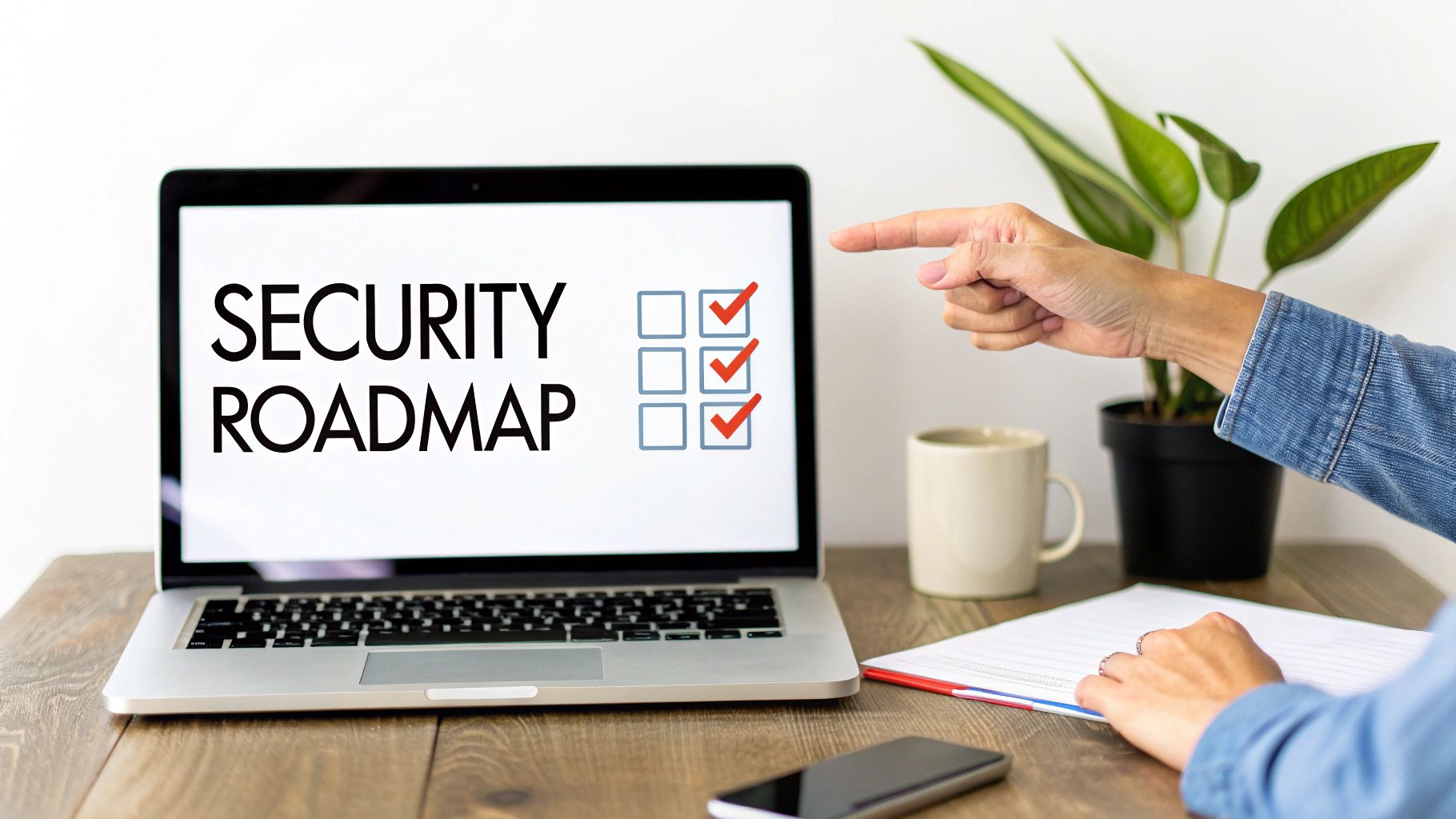 A person at a desk creating a plan for cybersecurity solutions for businesses