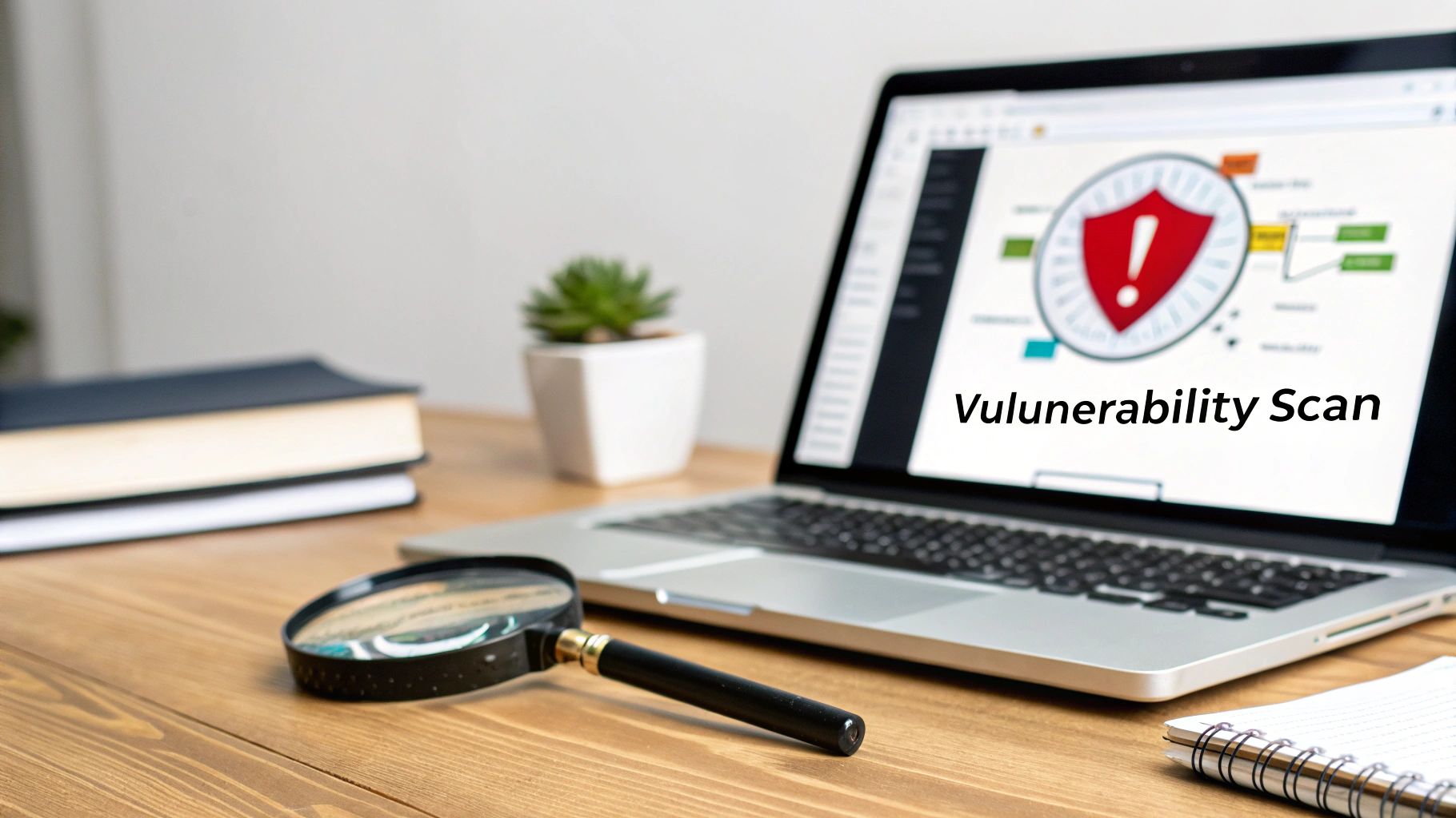 A laptop screen displays 'Vulnerability Scan' with a red shield icon, a magnifying glass on a wooden desk.
