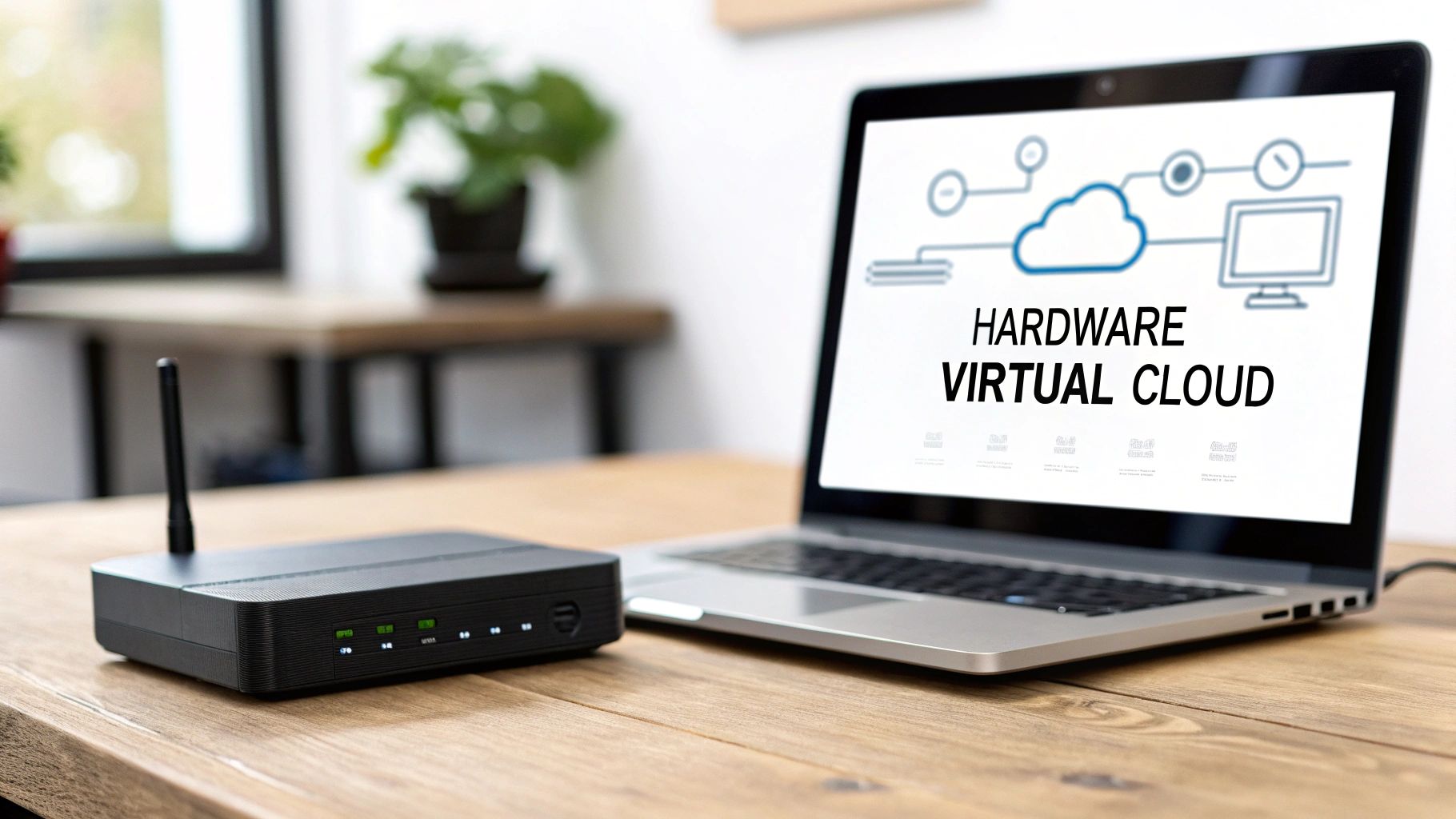 A black modem/router with an antenna next to a laptop displaying 'HARDWARE VIRTUAL CLOUD' on a desk.