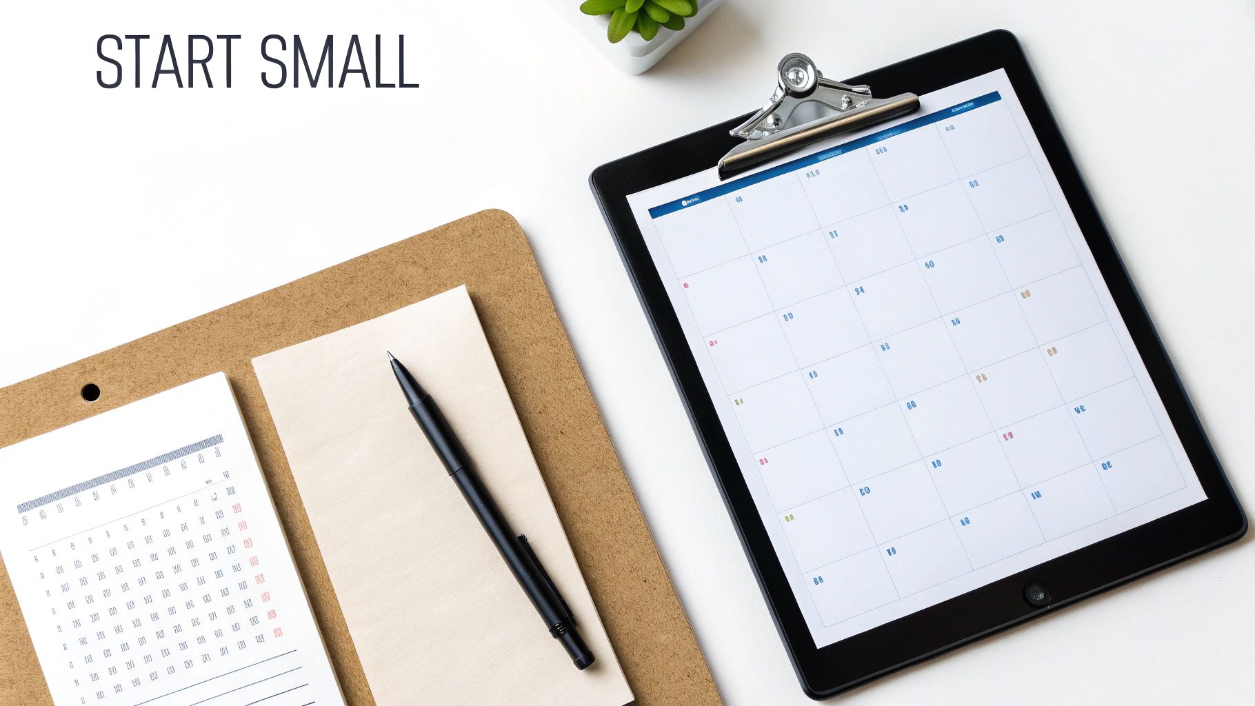 Workspace flat lay with a tablet displaying a calendar, a notepad, and a pen, featuring the text 'START SMALL'.