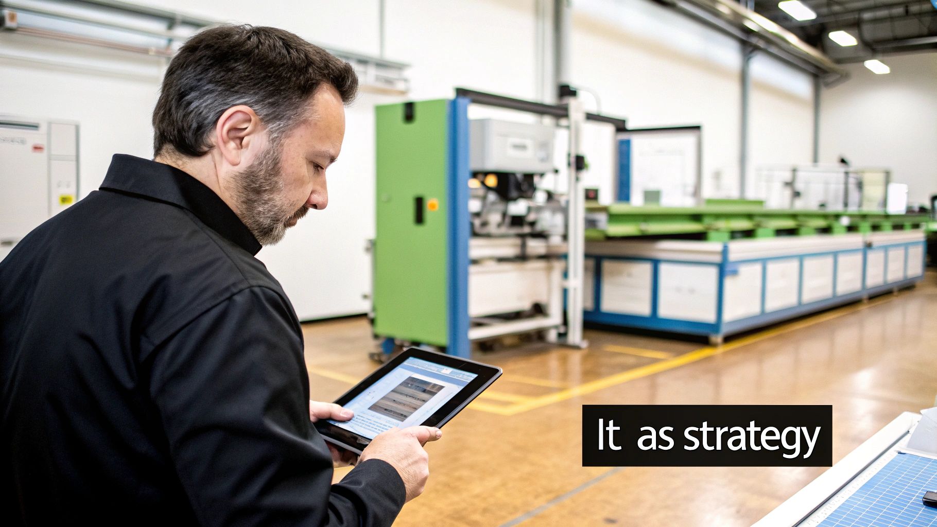 A bearded man in a black shirt uses a tablet in a modern factory setting.