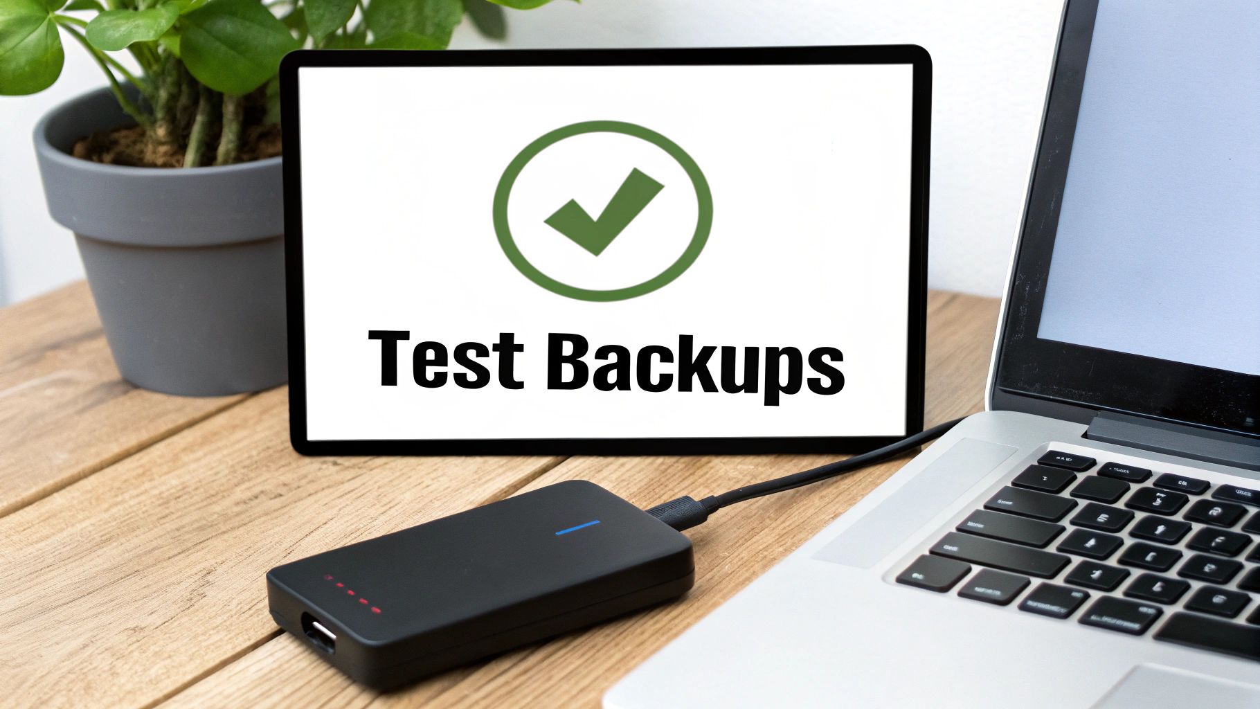 A tablet shows 'Test Backups' with a checkmark, next to a laptop and external hard drive.
