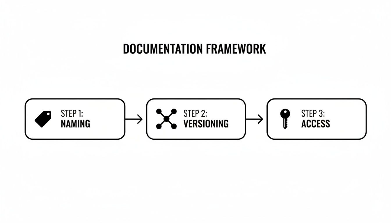 A diagram illustrates a documentation framework with three steps: Naming, Versioning, and Access.