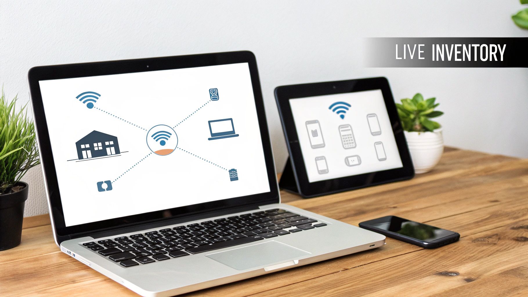 A laptop and tablet display network diagrams, representing live inventory and IT asset management.