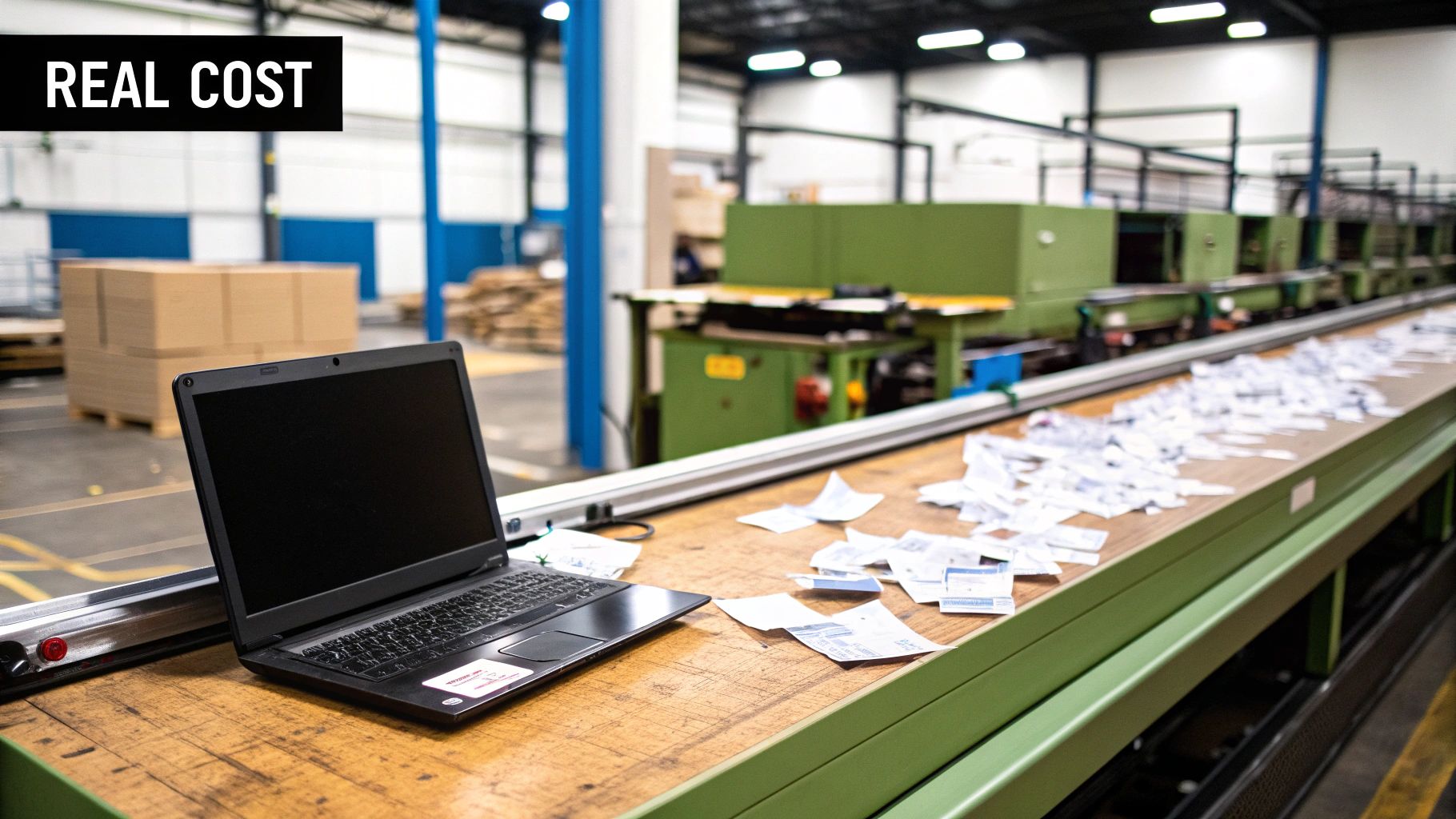 A laptop on a factory workbench next to scattered papers, with machinery and a 'REAL COST' label.